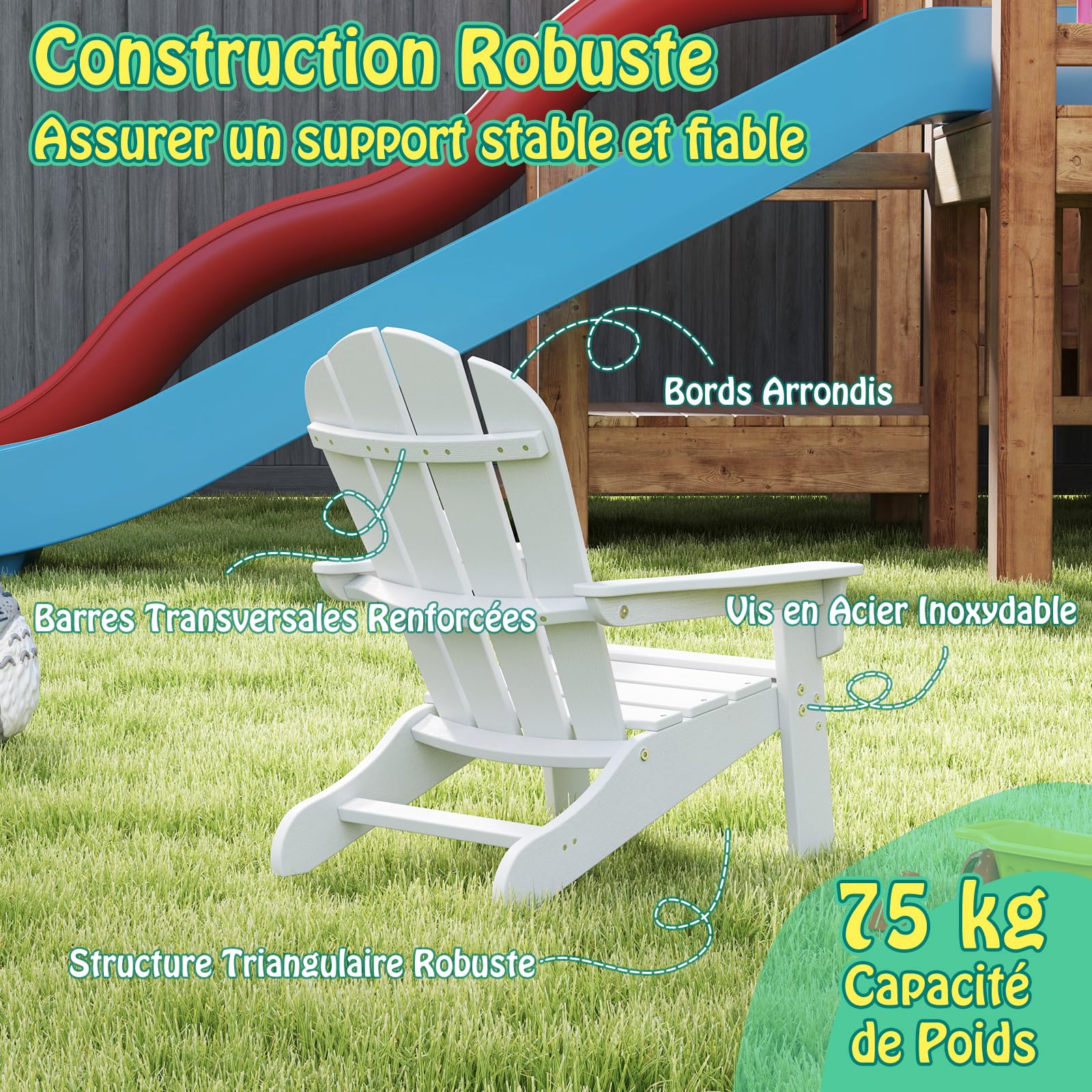 COSTWAY Chaise Adirondack de Jardin Enfant en HDPE avec Design Ergonomique 105°, Fauteuil de Jardin Extérieur avec Accoudoirs & Siège à Lattes, Charge 75kg pour Enfant de 3-8 Ans (Blanc)
