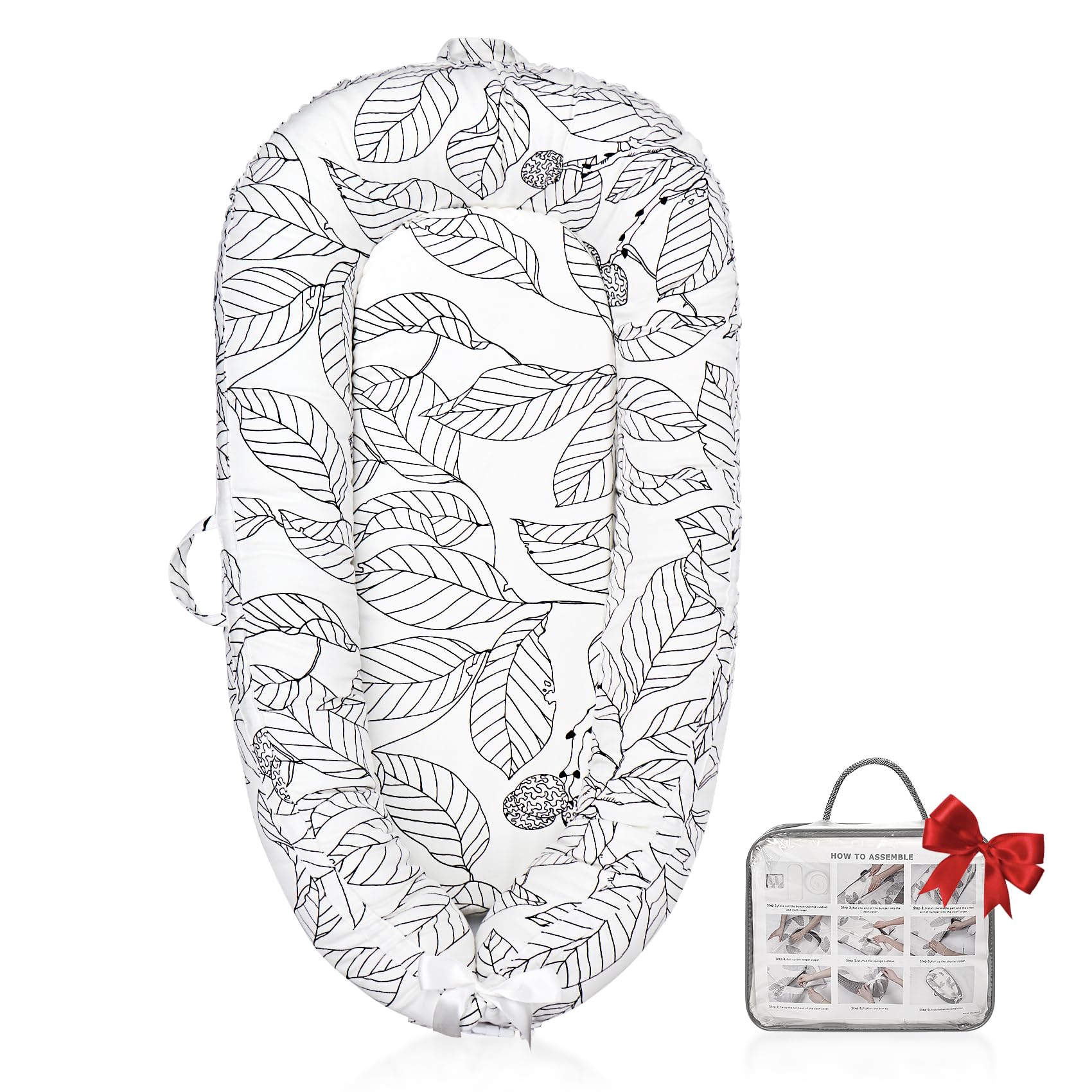 Baby Lounger - Baby Lounger for Newborn, Breathable & Soft Baby Nest Cover Co Sleeper for Baby 0-24 Months, Babies Essentials Gifts, Portable Infant Lounger-White Leaves