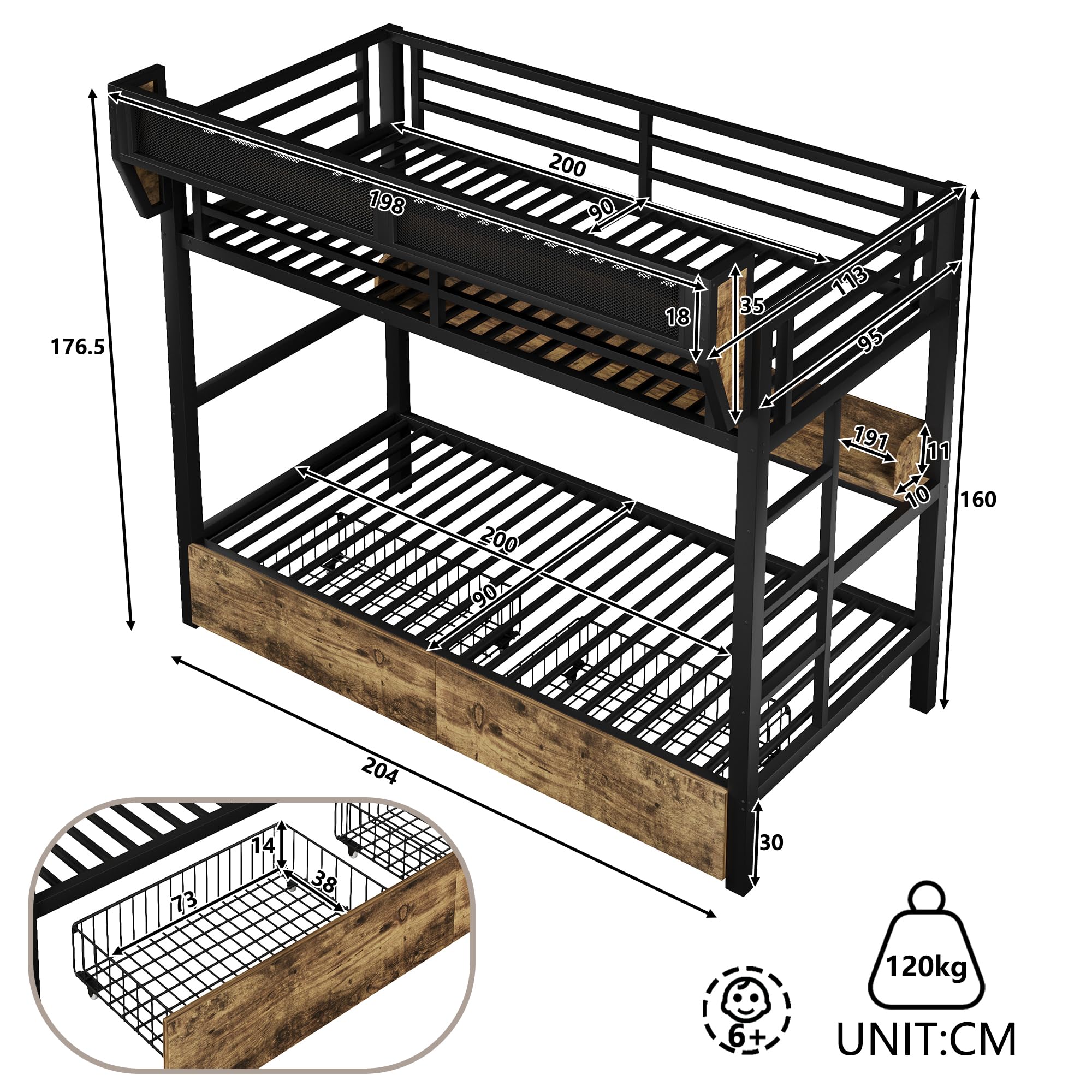 Merax Etagenbett 90x200 cm aus Metall, Kinderbett mit Stauraum & App-LED, Stockbett Metallbett mit 2 Schubladen, Aufbewahrungskorb & Ablagebord, Jugendbett mit Rausfallschutz, ohne Matratze, Schwarz