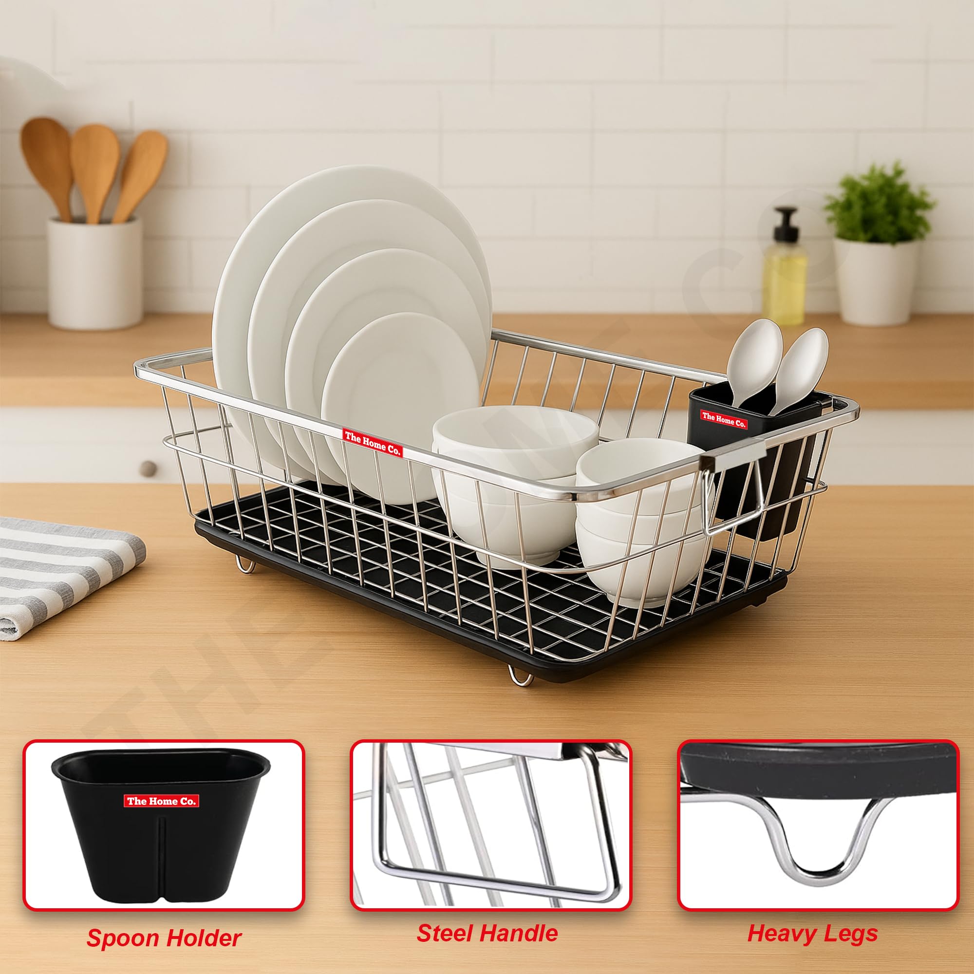 The Home Co. Stainless Steel 59x46x23cm Dish Drainer Basket with Drainer Tray & 1 Spoon Holder I Utensils After Wash Bartan Tokri - Image 4 thumbnail