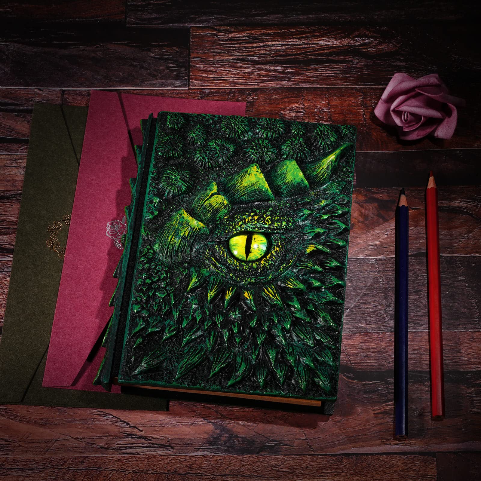 molshine Journal de dragon en relief 3D A5 (7,3" x 5,1"), carnet gravé en résine, 100 feuilles vierges, carnet de voyage à couverture rigide, bon pour l'écriture, carnet de croquis, cadeau (Vert)