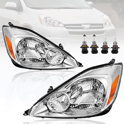 Replacement Headlights Assembly Compatible for 2004 2005 Toyota Sienna CE LE XLE Halogen with Clear Lens Chrome Housing Amber Reflector Front Lamps Driver and Passenger Side (Set of 2)