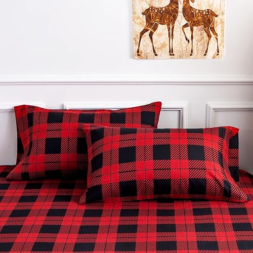 Miniatura 6 de KACEMOO Juego de sábanas tamaño King de 4 piezas  Sábanas estampadas a cuadros rojos y negros de enfriamiento suave de 1800 hilos cepillados, sábana