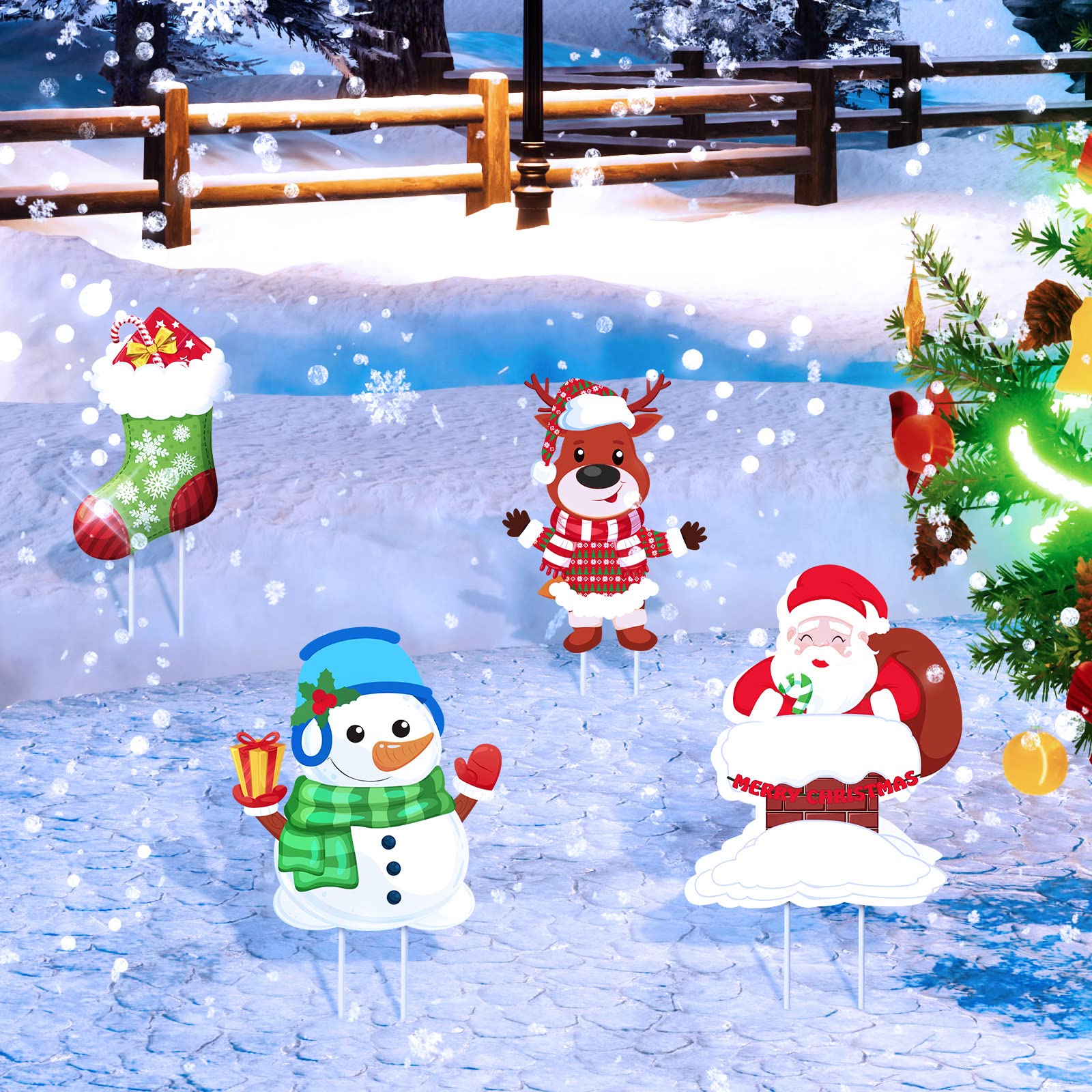 4 Pieces Christmas Yard Signs Stakes Decorations Outdoor Lawn Garden Decor with Santa Snowman Elk Christmas Stocking Designs and 8 Pieces Stakes for Xmas Outdoor Decor