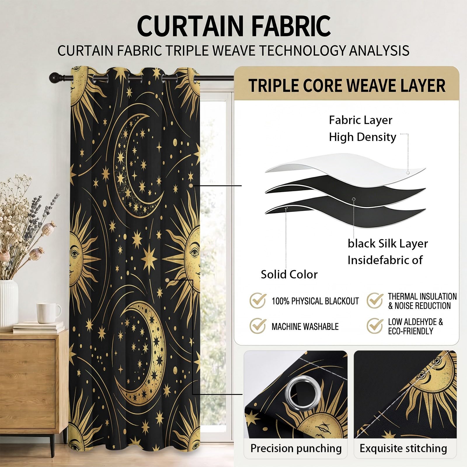 Rideaux Occultants Espace Fantaisie 75L X 166H cm (2 Panneaux), Isolation Thermique Fixation par Oeillets Soleil & Lune Vintage pour Chambre À Coucher, Noir Doré