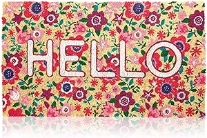 Juvale Natural Spring Hello Floral Coir Welcome Doormat for Outdoor Use In...