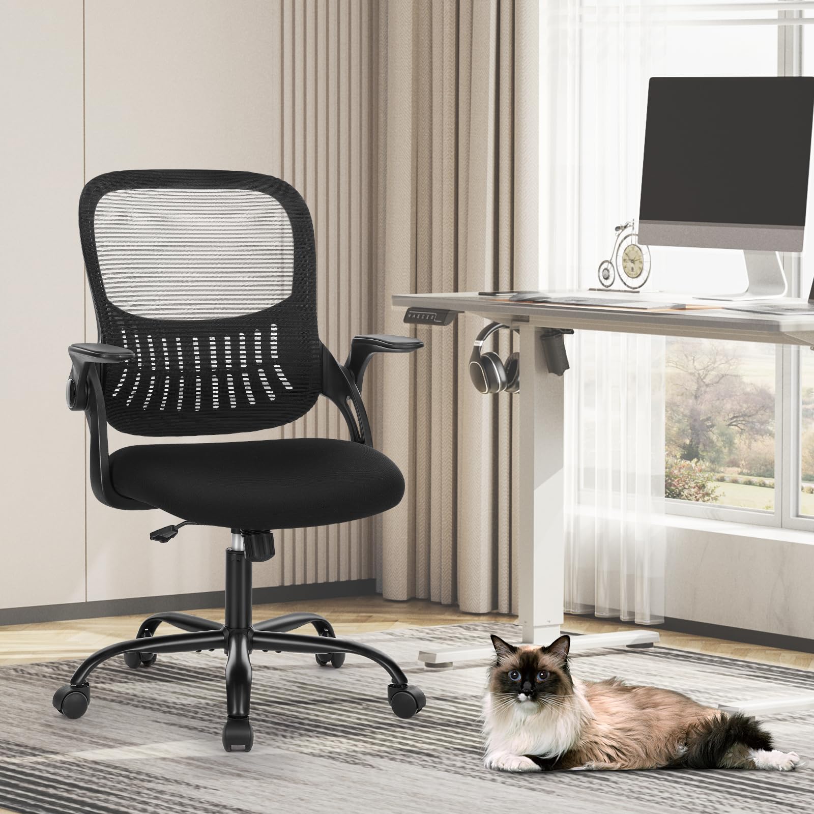 Sweetcrispy Bürostuhl Ergonomisch Escritorio con Soporte Lumbar, Altura Ajustable, reposabrazos, Silla Adecuada para Oficina y Dormitorio, Metal Plástico, Negro, Normal