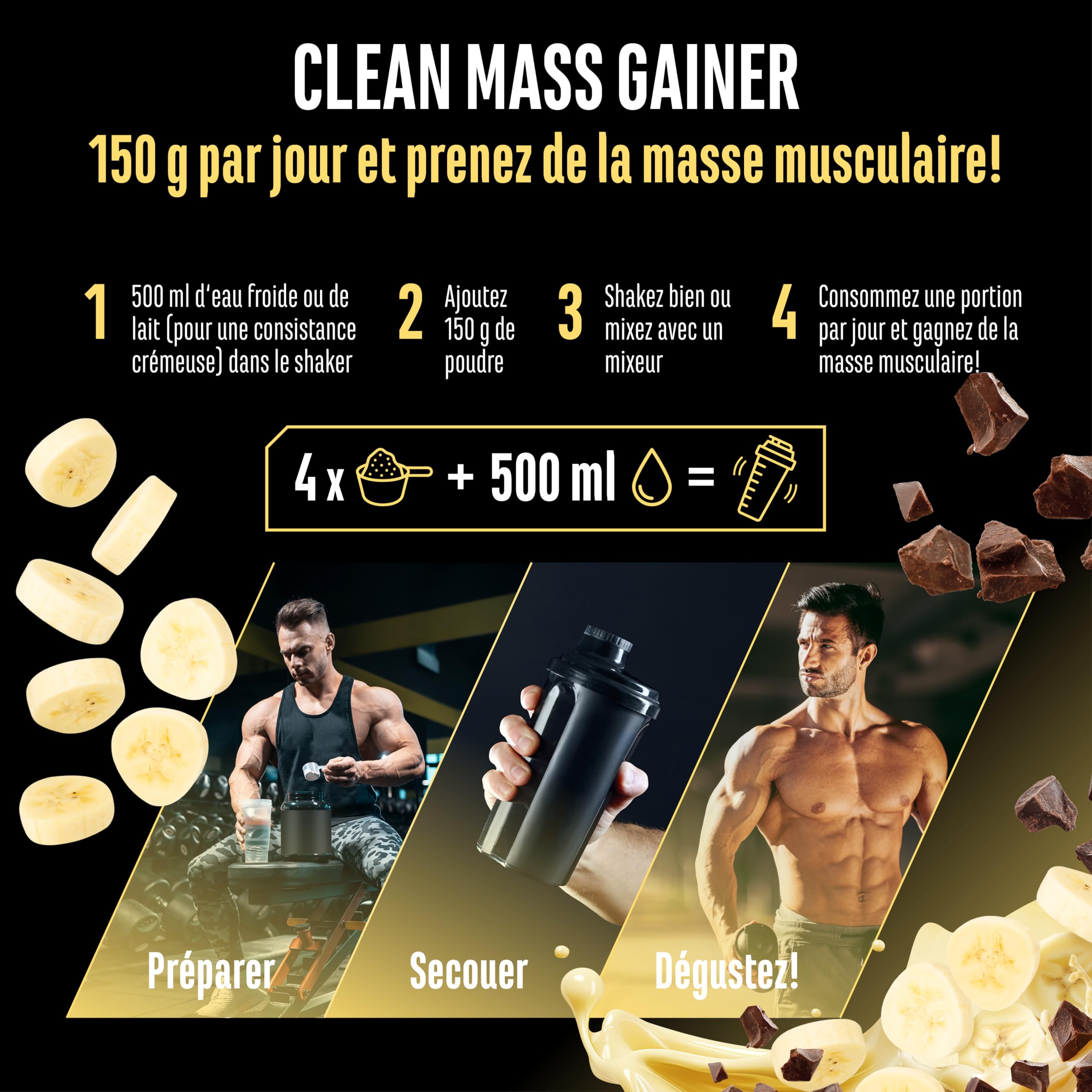 GEN GERMAN ELITE NUTRITION Clean Weight Gainer - 3 kg | Saveur Banana Split - Pour la Prise de Masse et de Poids - Glucides & Protéines - Végétarien