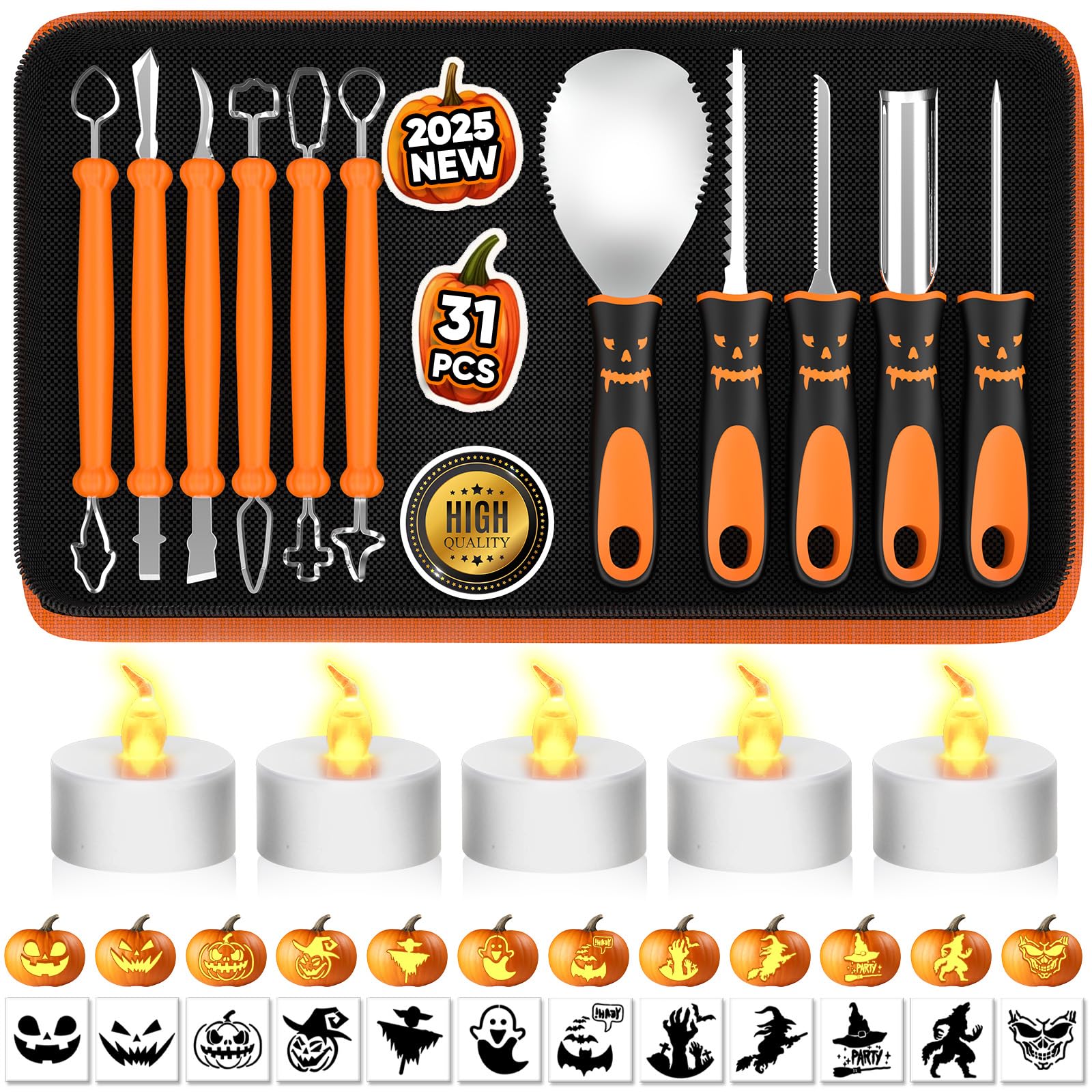 Halloween Pumpkin Carving Kit Tools: 31 PCS Heavy Duty Stainless Steel Pumpkin Carving Tools with Stencils & Candle Lights & Storage Bag - DIY Decorating Kit Halloween Gifts for Kids and Adults