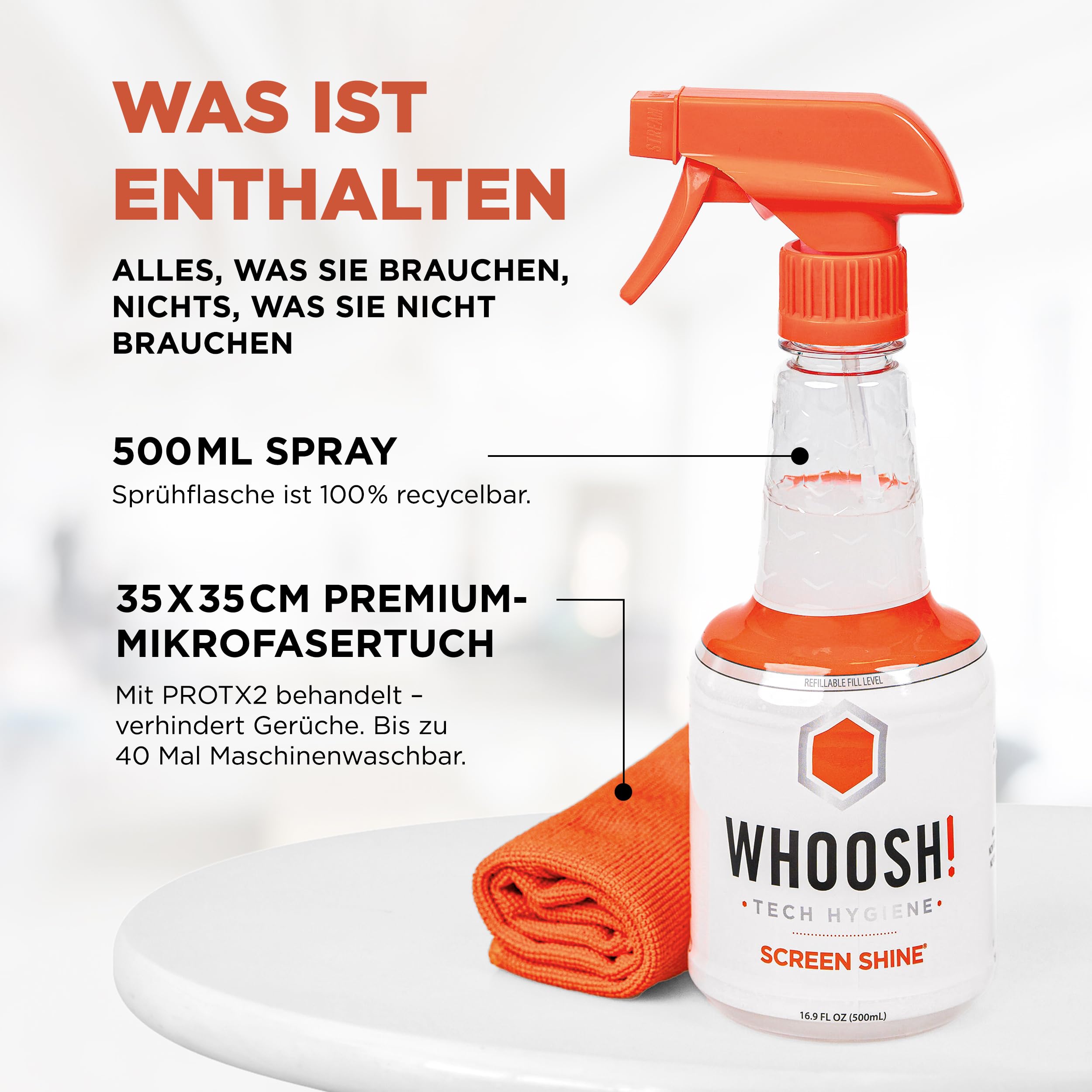 WHOOSH! Großes Bildschirmreiniger-Spray und Wischtuch - Kit, 500ml + 1 Mikrofaserreinigungstuch - Für TV, Laptop, MacBook, iPad, Telefon, Kamera, Touchscreen - Industrie-Größe Elektronikreinigungsset | Screen Cleaner-Set – TV, Laptop, iPad & Touchscreen –