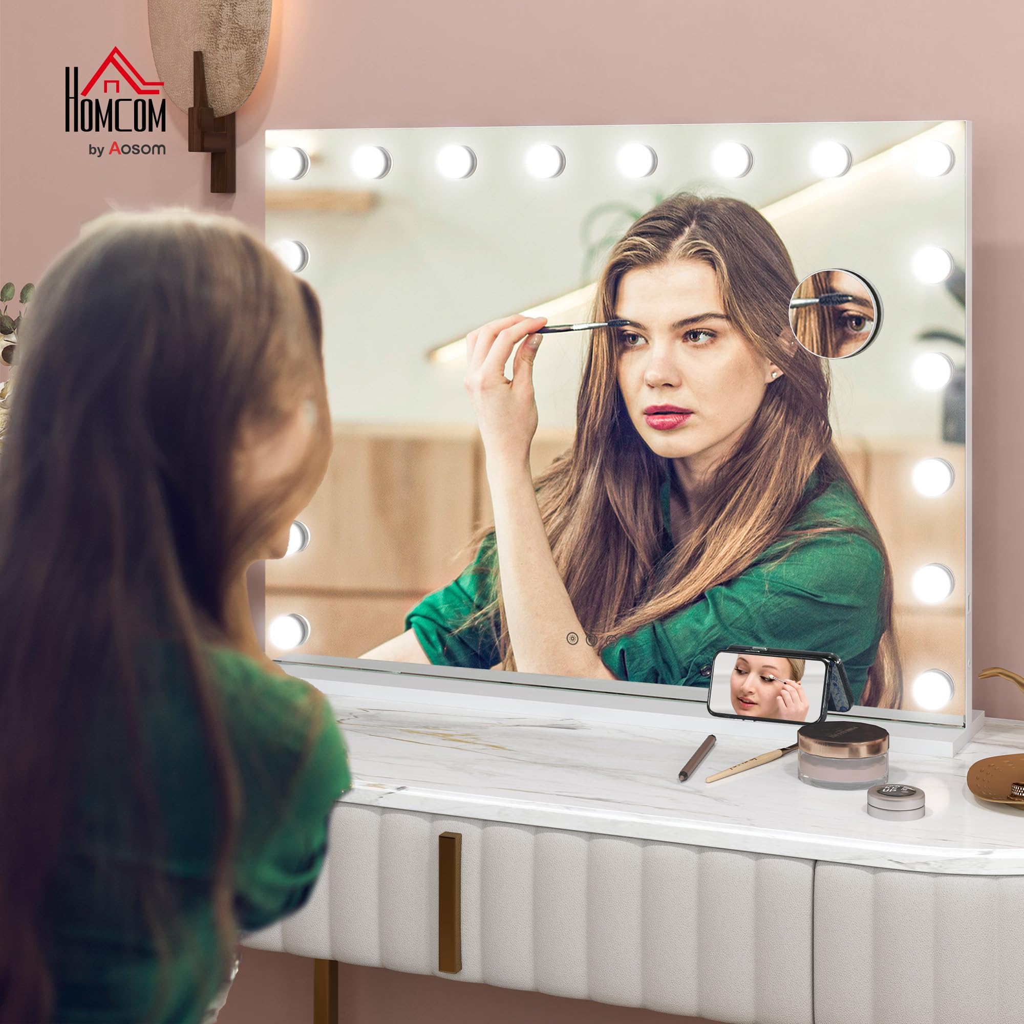 HOMCOM Miroir Maquillage Hollywood Lumineux LED Intensité Réglable 80x62cm | Miroir Grossissan, Port de Charge USB, Support de Téléphone