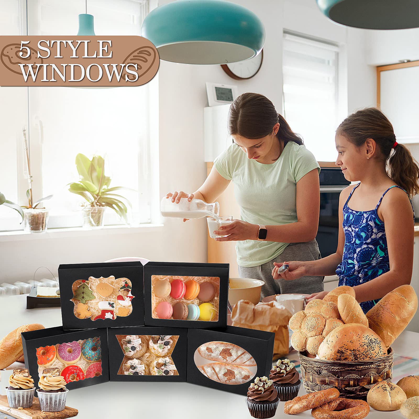KPOSIYA 65 cajas de galletas de 8 x 6 x 2.5 pulgadas con ventana, cajas de panadería negras para regalo, golosinas, postres, cupcakes, chocolate, fresas, donas, magdalenas (5 ventanas de estilo)