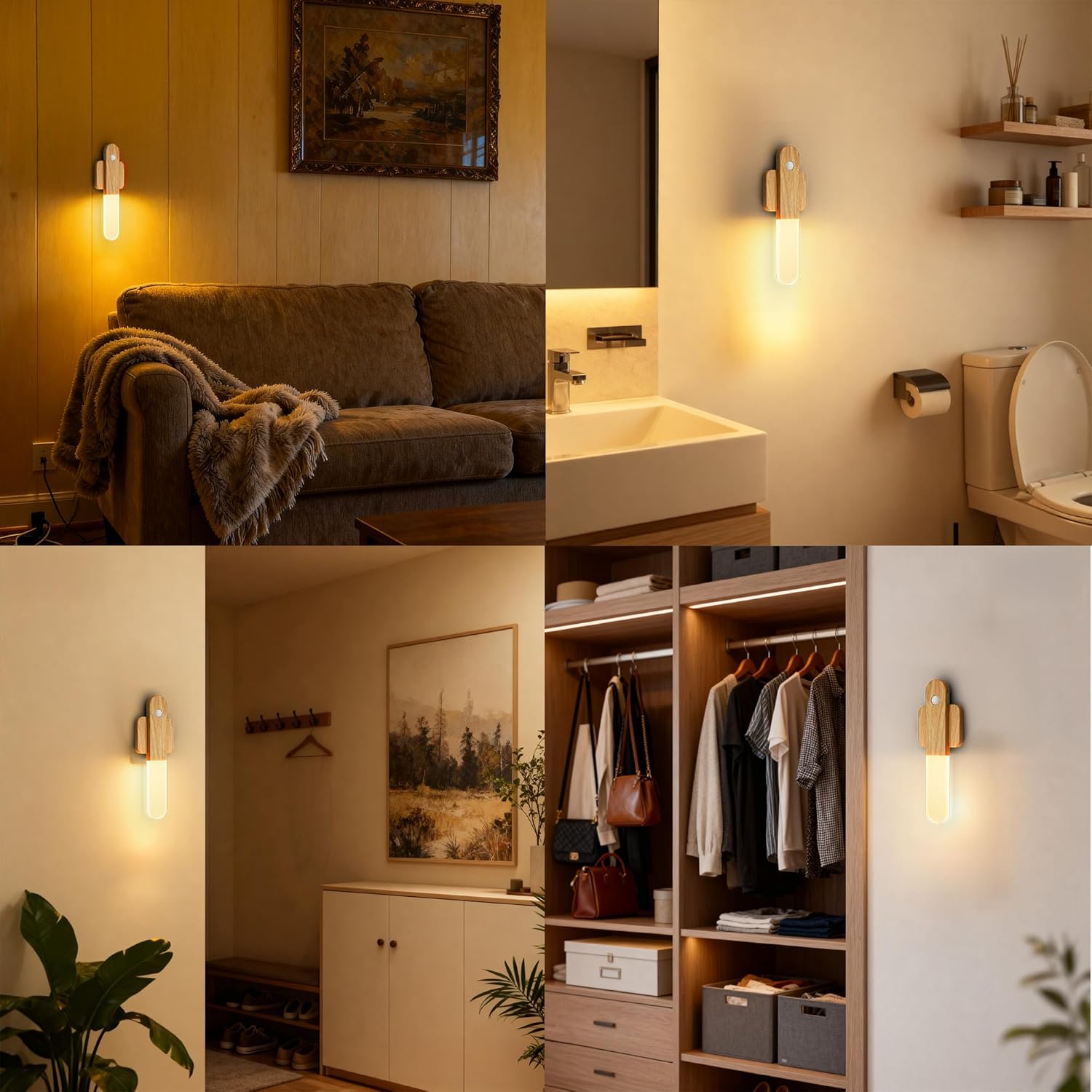 iThird Motion Sensor Light Indoor - Wireless Wall Light, lumi Light, Magnet Rechargeable Wall Sconces, Portable Night Lights, LED Lights for Closet, Bathroom (Beech 3PCS)
