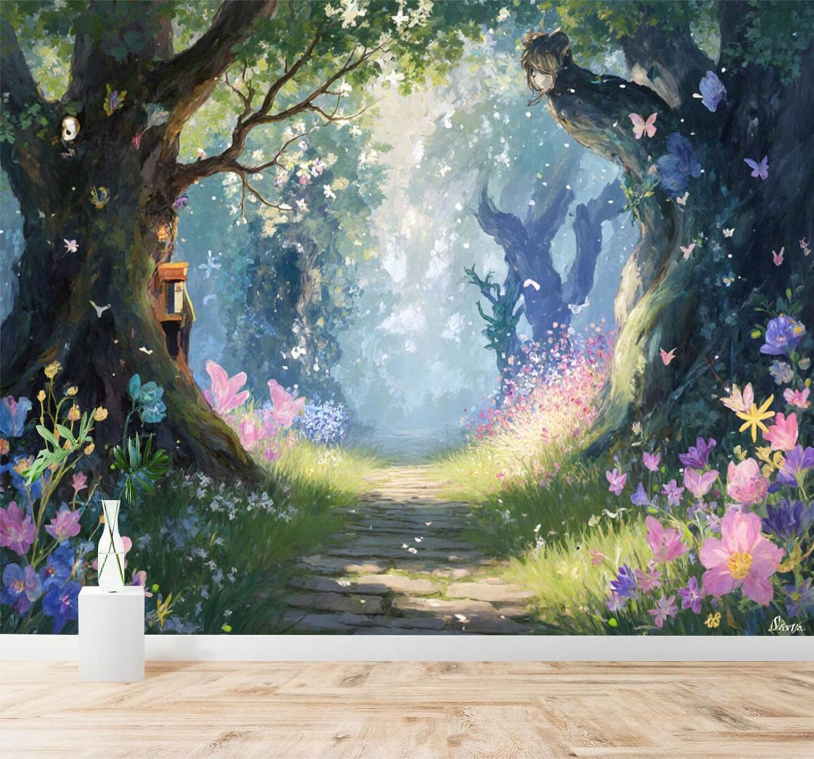 Xlming 350Cm×256Cm(B×H) Fantasy Forest Path Flowers Butterflies Sunshine 3D Wallpaper Silky Texture Home Study Office Grey Dining Room Sofa Bedroom Living Room Tv Backdrop-350Cm×256Cm