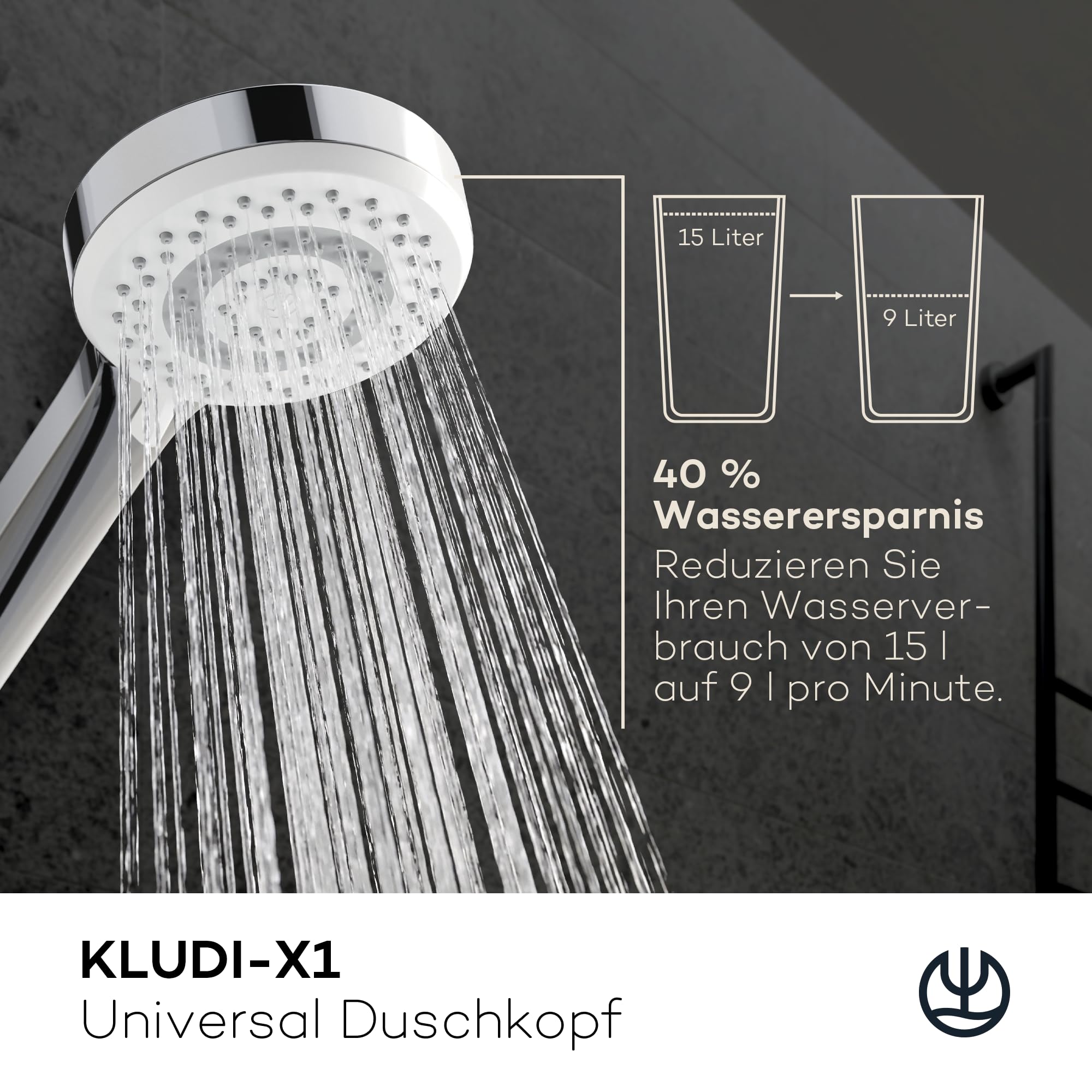 KLUDI-X1 Universal Duschkopf mit Schlauch, Duschbrause optional wassersparend mit 3 Strahlarten (Body, Hair, Skin), reinigungsfreundlicher Brausekopf Ø 10,7 cm, Duschschlauch 1,60 m