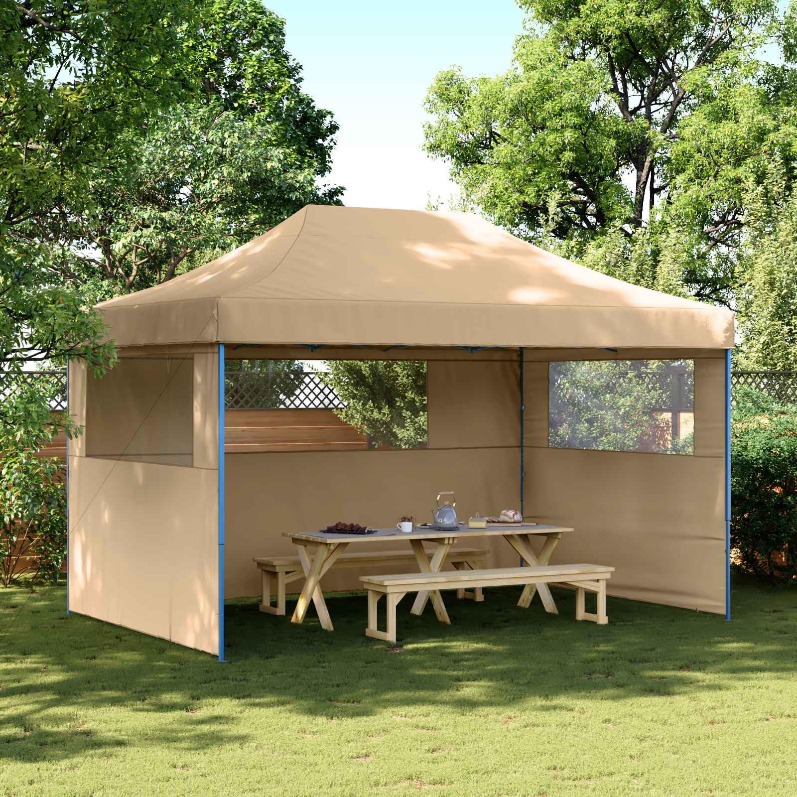 Składany namiot Pop Up Beżowy 440 x 292 x 315 cm, 3 ściany | Dach z tkaniny Oxford z powłoką PCW, stalowa rama malowana proszkowo, przezroczyste okna, 8 śledzi i 4