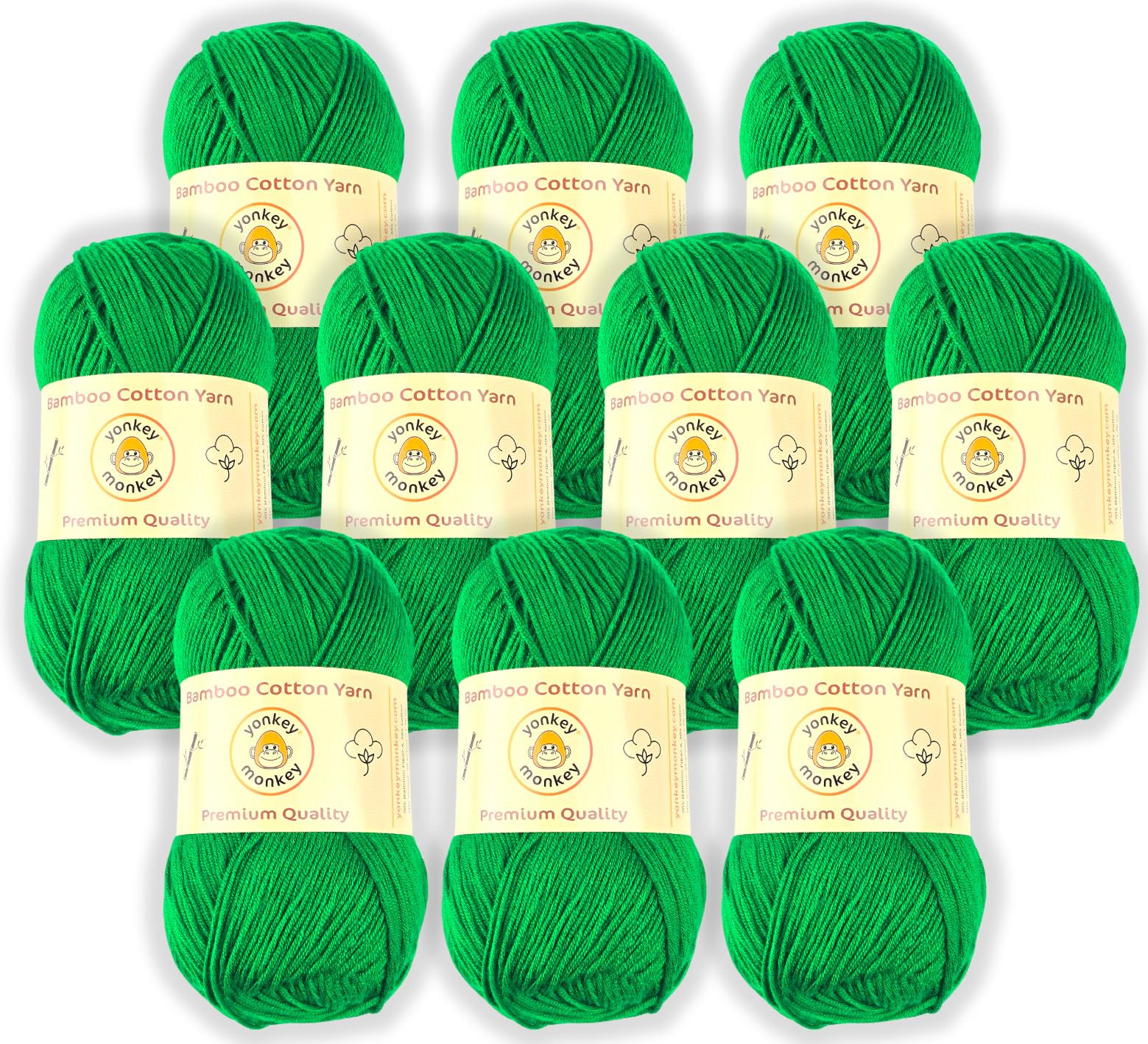 10-Pack of Yonkey Monkey Fingering Weight Yarn - 70% Rayon derived from Bamboo, 30% Cotton - Imported - Christmas Green 9064