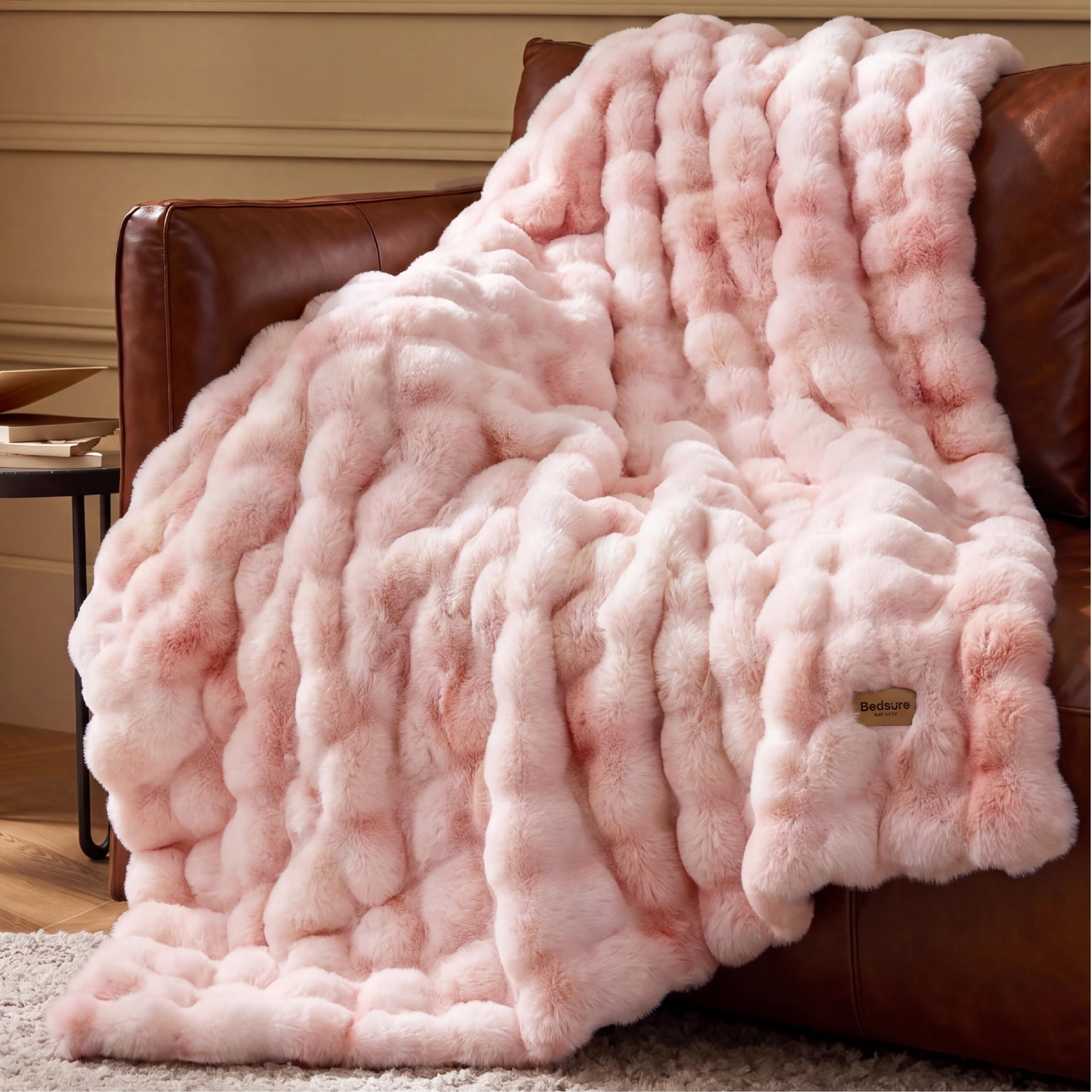 Bedsure Faux Fur Throw Blanket – Fluffy Bubble, 150 x 200 cm, Pink