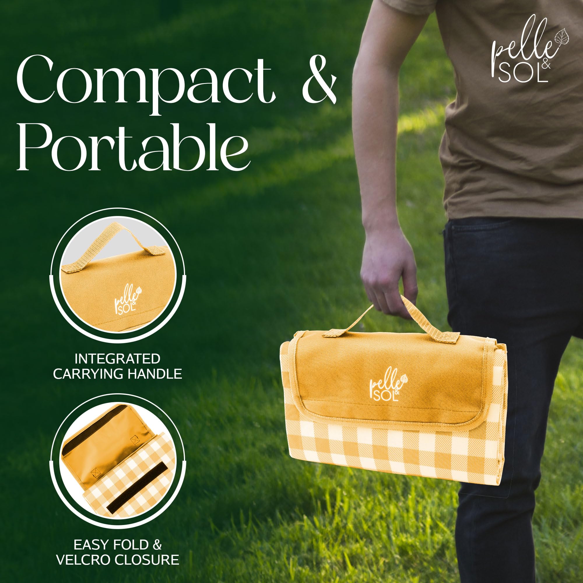 Pelle & Sol, coperta da picnic, pieghevole, impermeabile, a prova di sabbia, lavabile in lavatrice, antiscivolo, con maniglia per il trasporto per famiglia, spiaggia, campeggio, 200 x 140 cm (giallo)