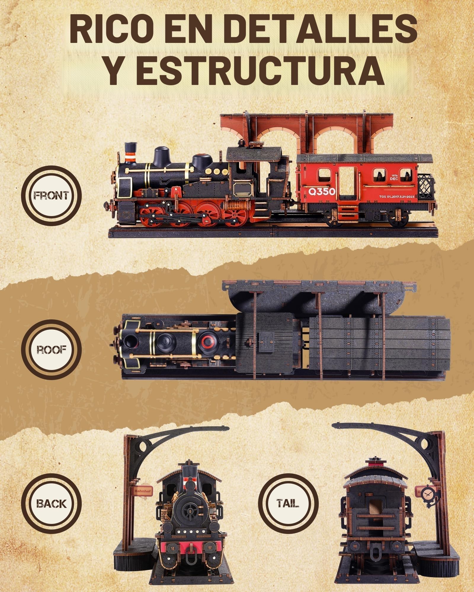 ROWOOD Puzzle 3D Madera Tren A Vapor, Maquetas para Construir De Modelo De Tren De Madera para Adultos, Set De Manualidades Vintage, Regalos De Cumpleaños Y Navidad DIY para Hombres Y Niños