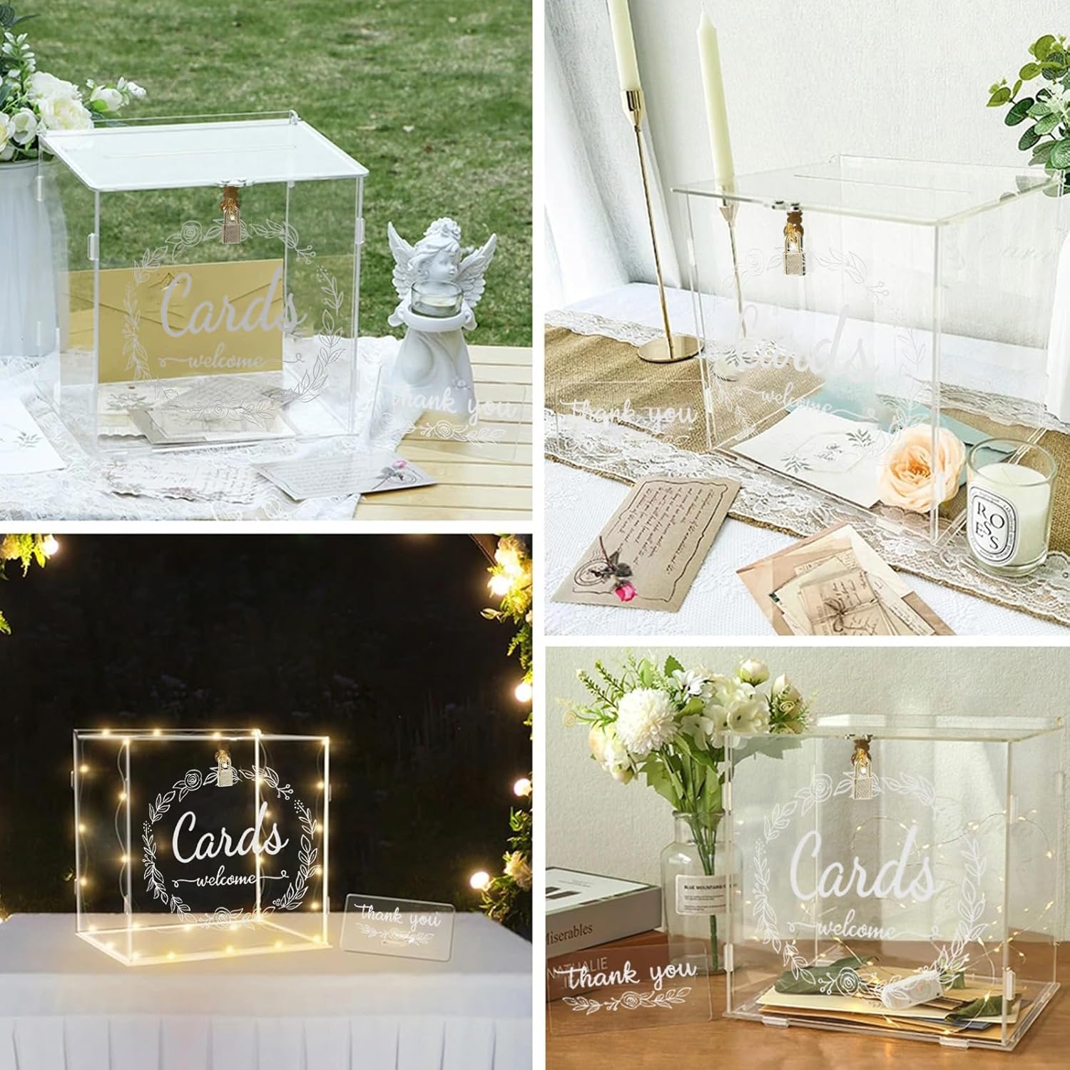 Acrylic Card Box Clear Wedding Box with Lock and Slot Sturdy Transparent Money Box Holder Decorative Gift Card Envelop Collection Box with Thank You Sign for Wedding Party(White)
