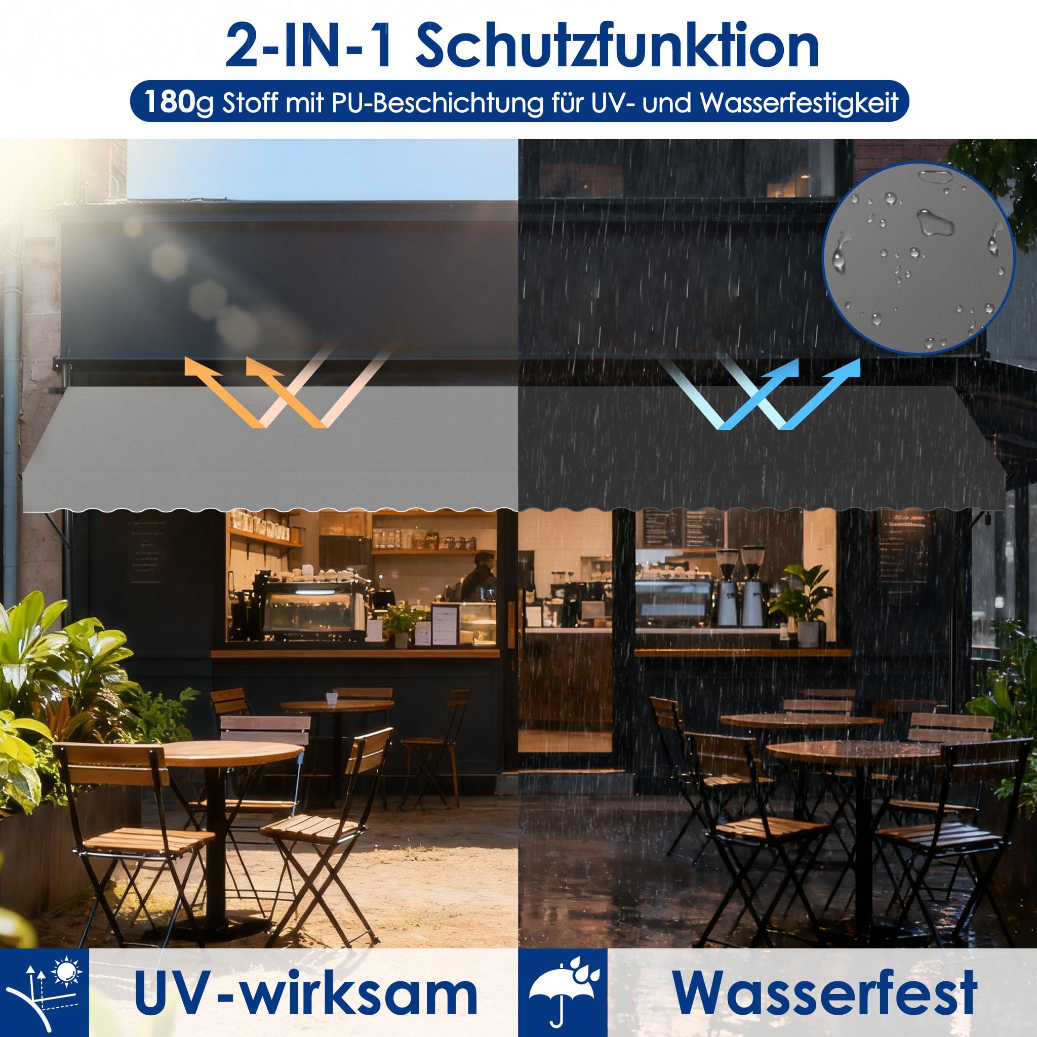 Klemmmarkise, Markise Sonnenschutz Balkon Ohne Bohren, Balkonmarkise Höhenverstellbar UV-beständig, Wasserabweisend mit Handkurbel (300cm Breit, Hellgrau)
