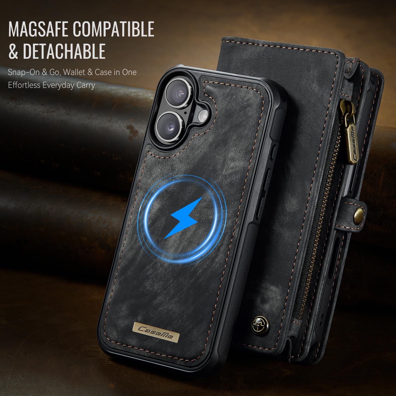 Etui portfelowe na iPhone'a 17 z 8 przegródkami na karty, magnetyczne zamknięcie, kieszeń na zamek błyskawiczny, odpinane magnetyczne wzornictwo 2 w 1, wysokiej jakości skóra PU, z paskiem na