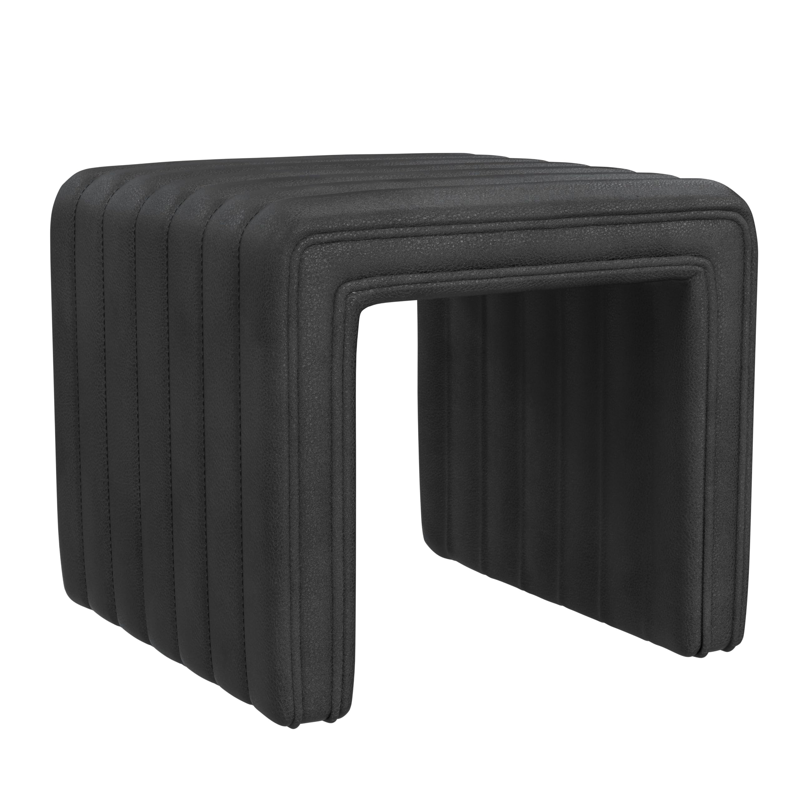 Modern Channel Tufted Ottoman Home Décor|Ottoman for Living Room & Bedroom - Black Faux Leather