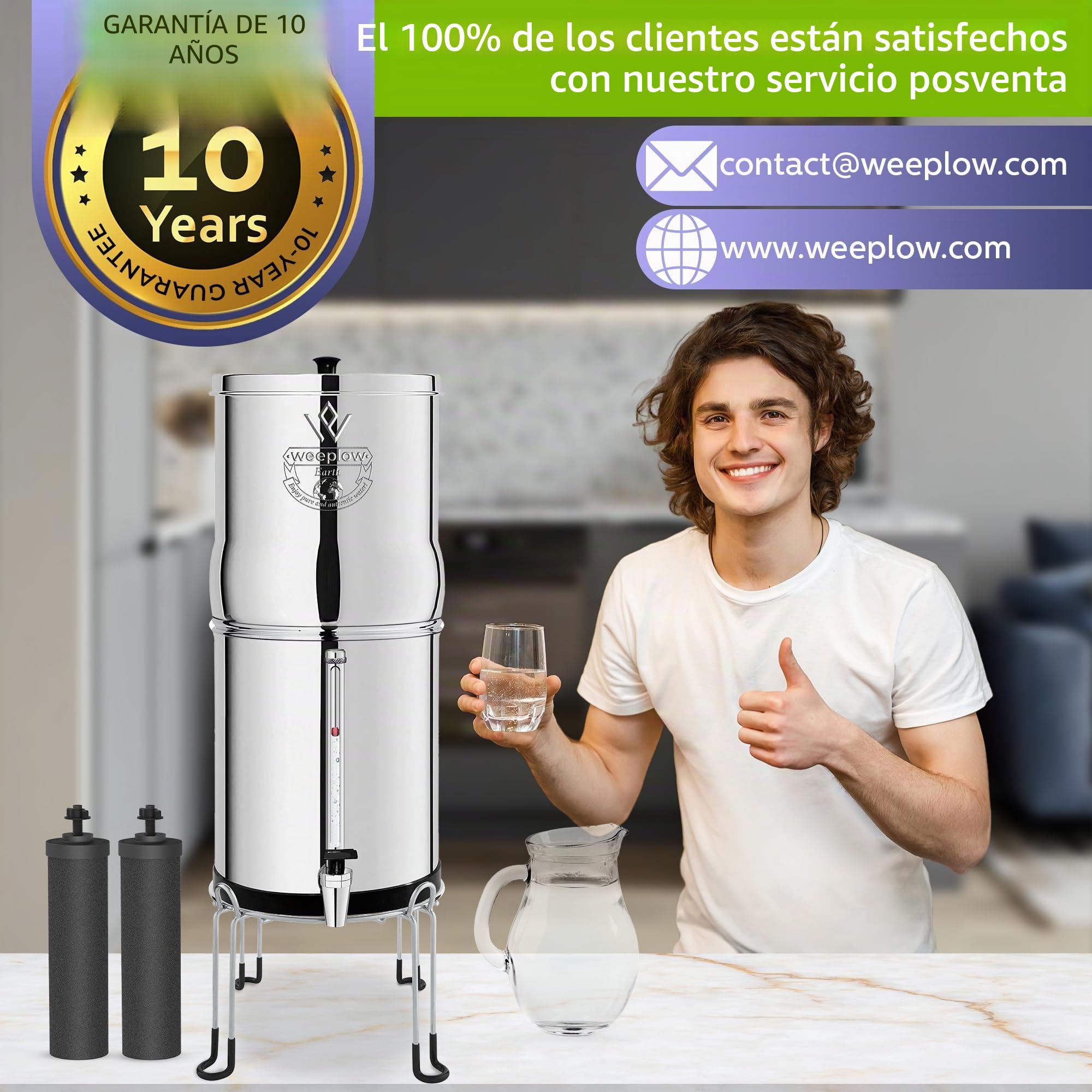 Weeplow® Earth – Sistema de filtración de agua por gravedad AISI 304 8,5 litros con 2 elementos de purificación O'Pure 2, grifo con nivel de agua y soporte de acero inoxidable
