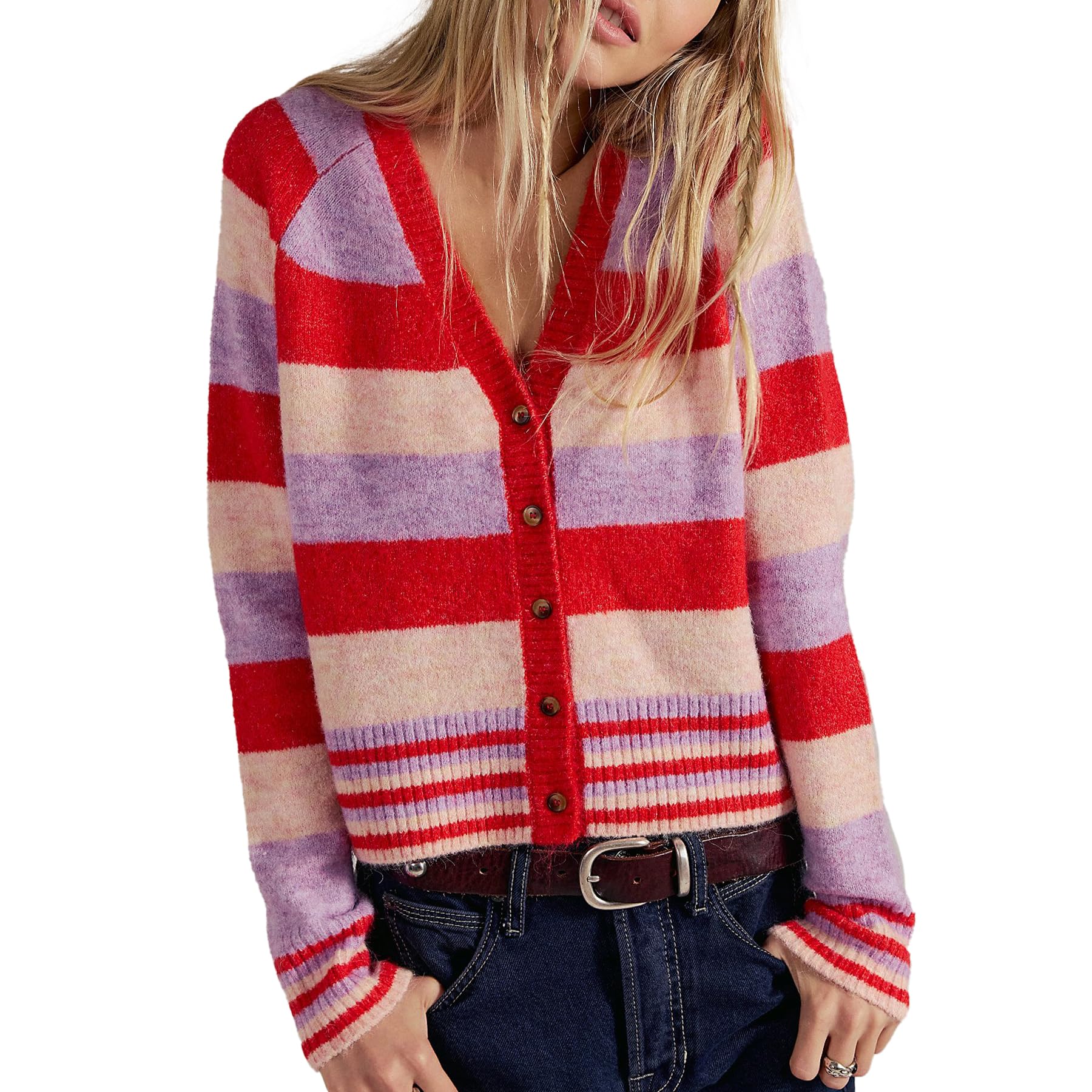 Ainangua Cropped Striped Cardigan for Women Casual Long Sleeve v Neck Sweater Button Down Cardigans Knit Shrugs Sweaters