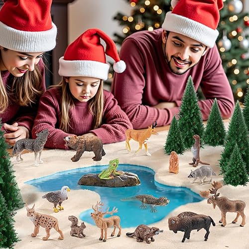 Miniatura 7 de 16 mini figuras de animales del bosque de América del Norte, figuras realistas de animales salvajes de la selva con lobo, oso, bisonte, reno,