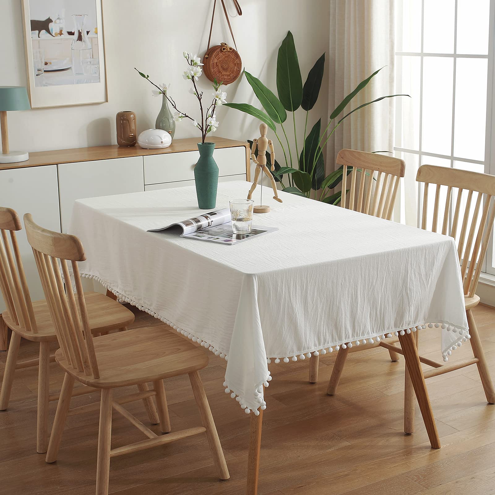 rismart Rechteck Tischdecke Tischtuch Pom Pom Couchtisch Decke Weiß,140 x 260 cm