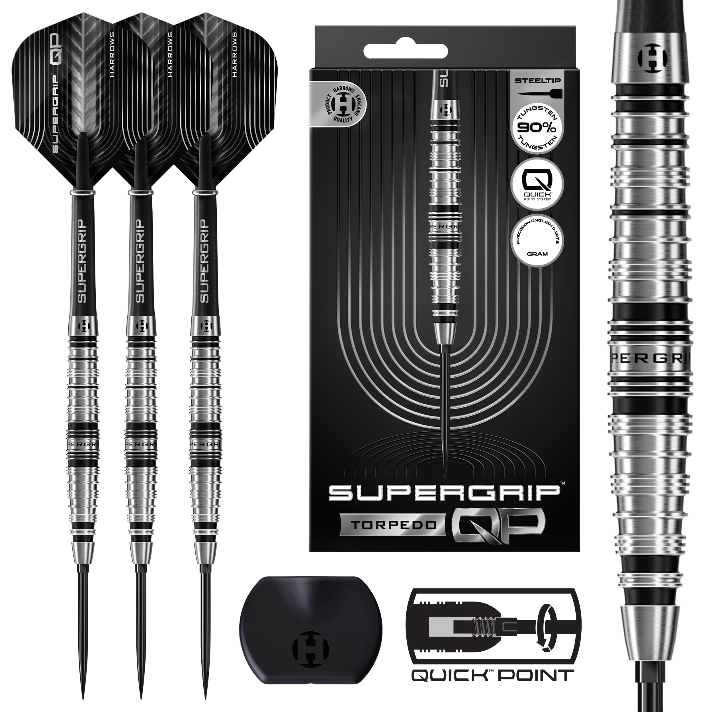 Harrows SuperGrip QP Torpedo 90% Tungsten Darts | Steel Tip Darts Set with Quick Point Change System | 22g, 23g & 24g | Includes Supergrip Shafts & 100 Micron Flights (23g)