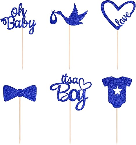 Miniatura 3 de 24 piezas Oh Baby Gold Blue de doble cara para cupcakes It's a Boy Cupcake Picks Heart Love Baby Shower Cake Decoraciones para niños suministros de