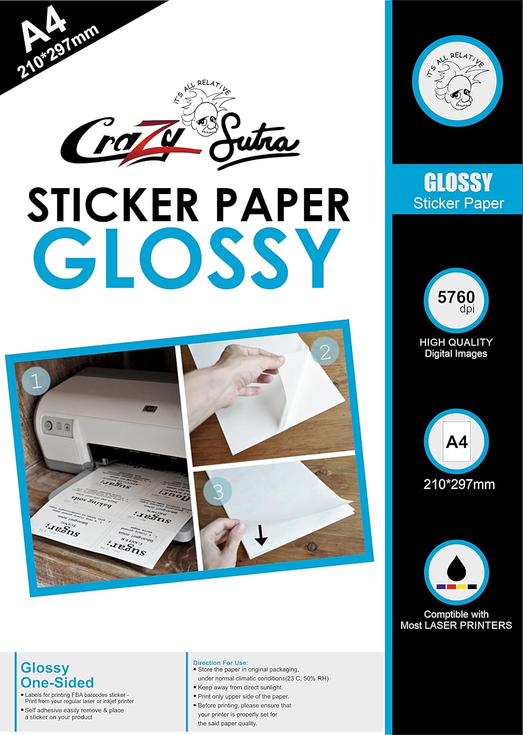 Crazy Sutra 10 Sheets A4 Self-Adhesive Sticker Label HIGH Glossy A4 Label Sticker Glossy Surface Paper for Laser Printer professional finish, making them suitable for both personal and business use.