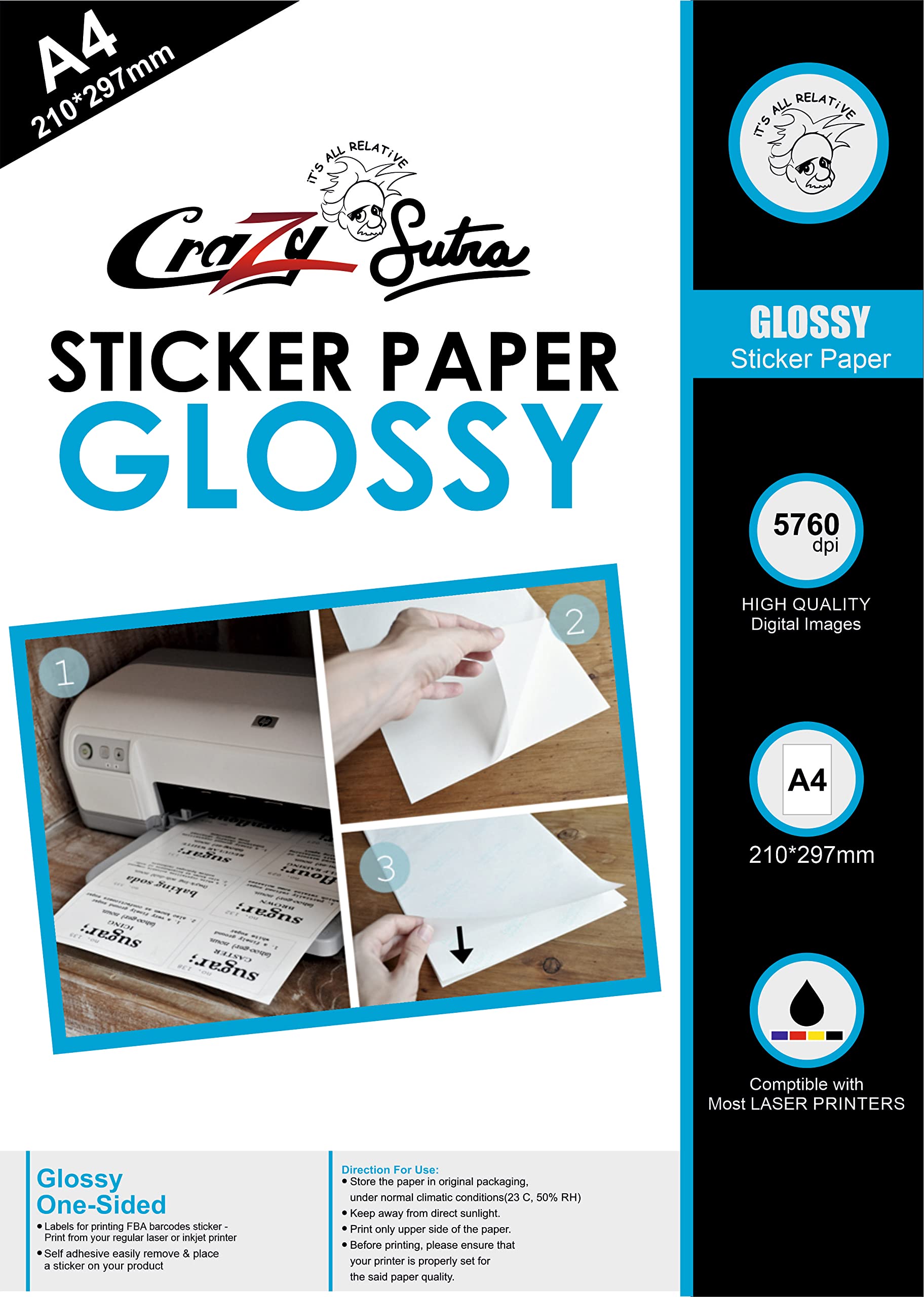 Crazy Sutra 10 Sheets A4 Self-Adhesive Sticker Label HIGH Glossy A4 Label Sticker Glossy Surface Paper for Laser Printer professional finish, making them suitable for both personal and business use.