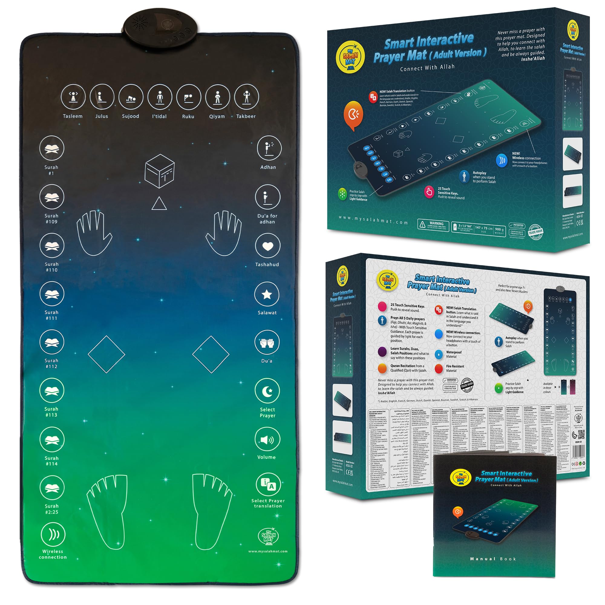 My Salah Mat for Adults - Smart Interactive Prayer Mat for Adults & Reverts Learning Surahs, Salah, Duas, & More - Muslim Prayer Rug With 25 Touch Keys, Padded Layer, & Speaker for Ages 8+