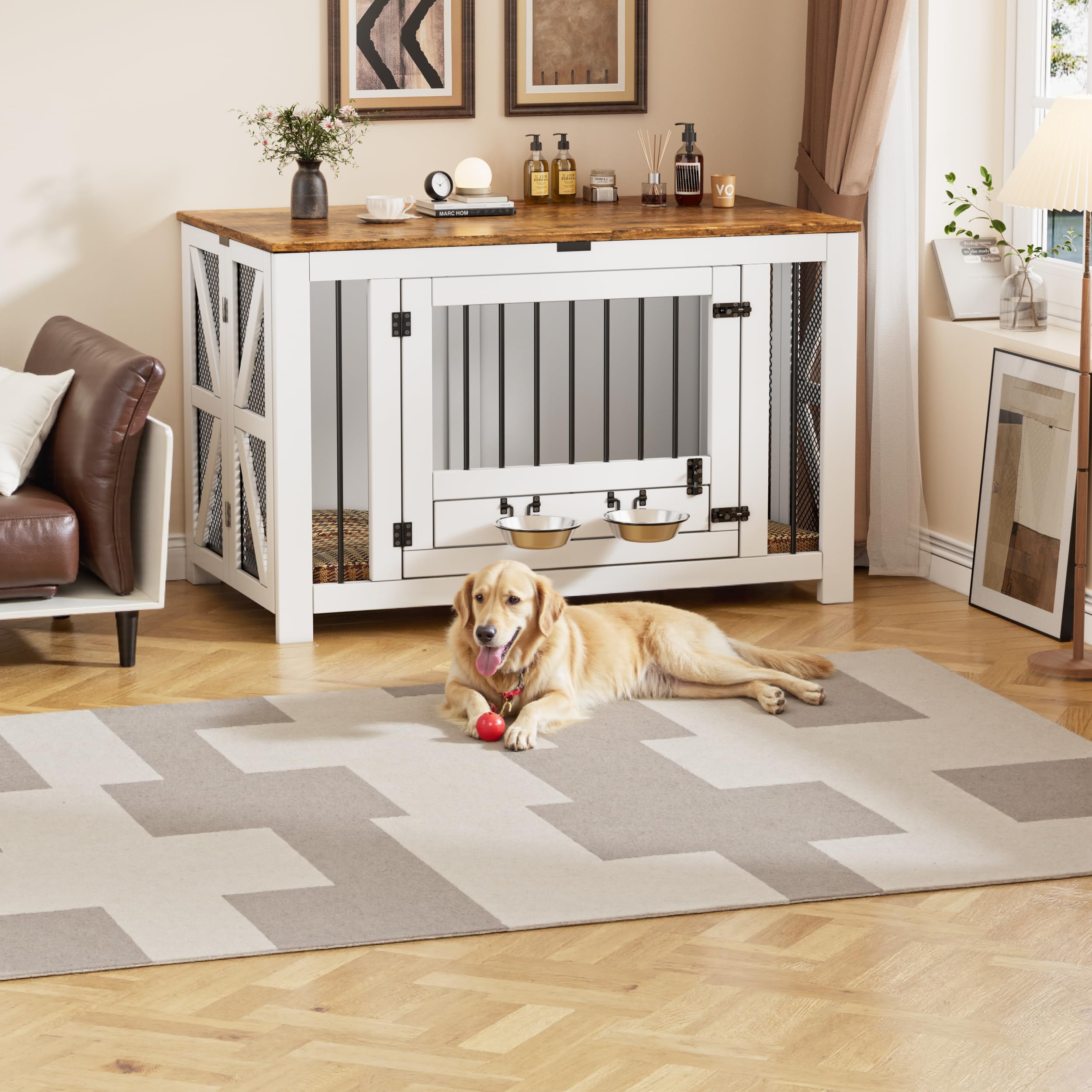 Mueble jaula grande para perros de 41,3", plegable, caseta de madera para perros (15,9-27,2 kg) con 2 cuencos, mesa auxiliar interior estilo granja