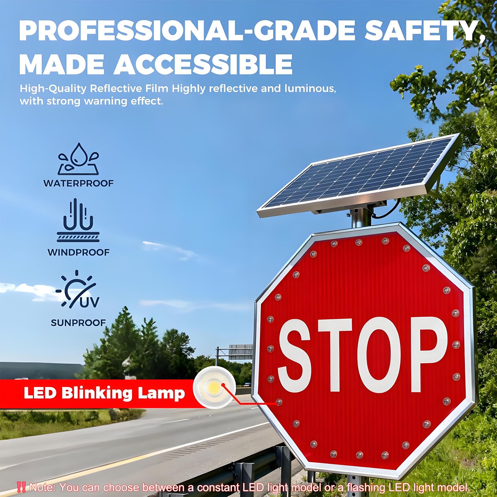 Znak Drogowy 24"/30" - Migający Znak Stop Led Zasilany Energią Słoneczną, Ośmiokątne Znaki Drogowe z Aluminium, Migające Światło LED, Odporne na Warunki Atmosferyczne Flashing-24"