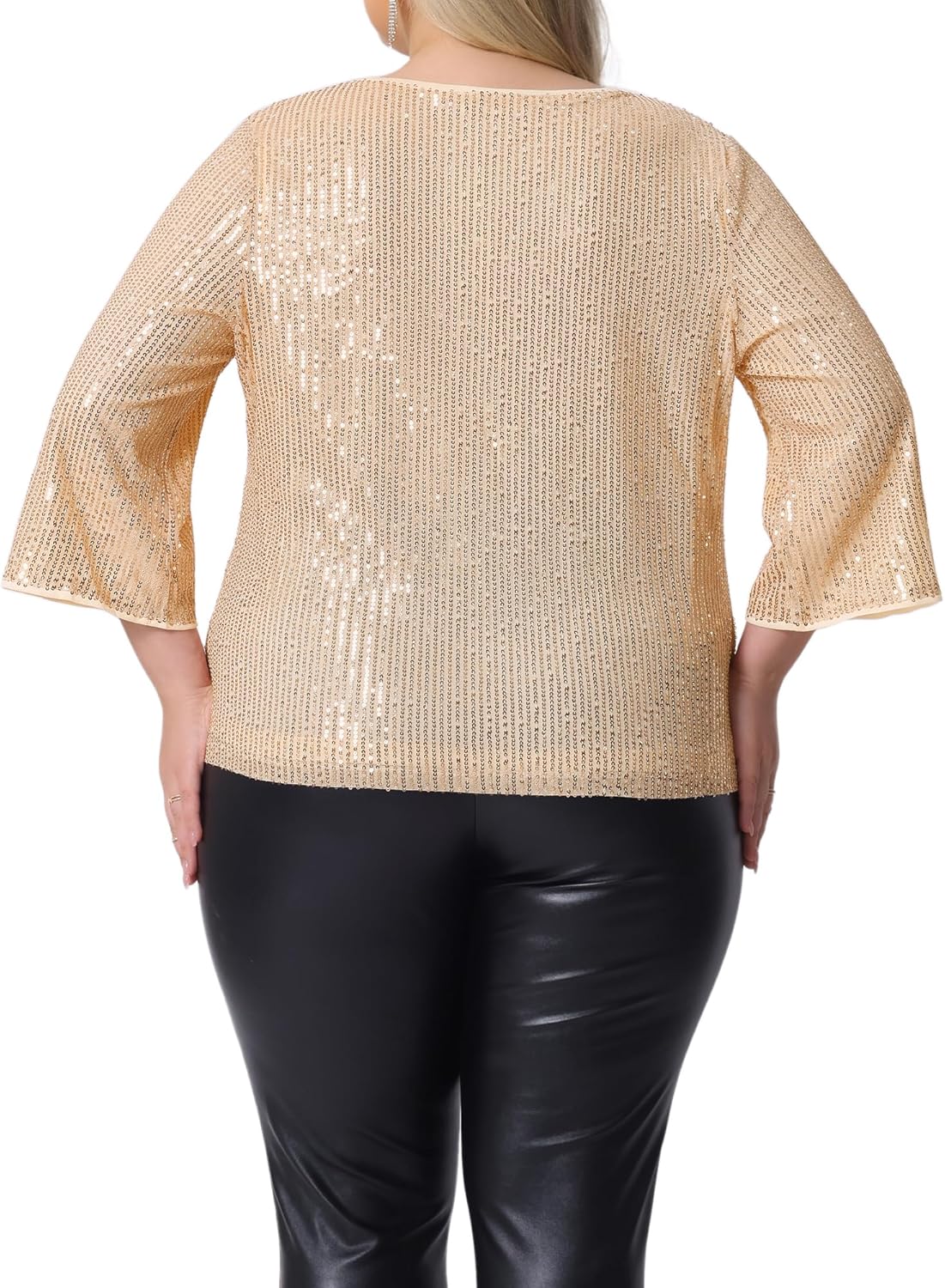 Agnes Orinda Plus Size Sequin Top for Women 3/4 Sleeve V Neck Glitter Sparkle Shimmer Party Disco Club Concert Outfits