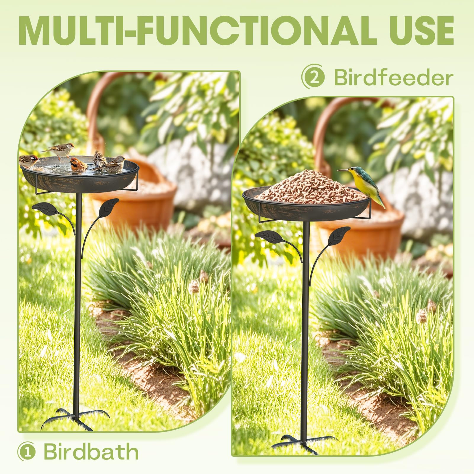 WELDUN Vogeltränke Vogelbad 30CM, Futter Schale Stehend für Draußen Garten, Metall Vogelbecken Wassertränke für Wildvögel, Vogeltränke Winterfest Futter Wasserschale