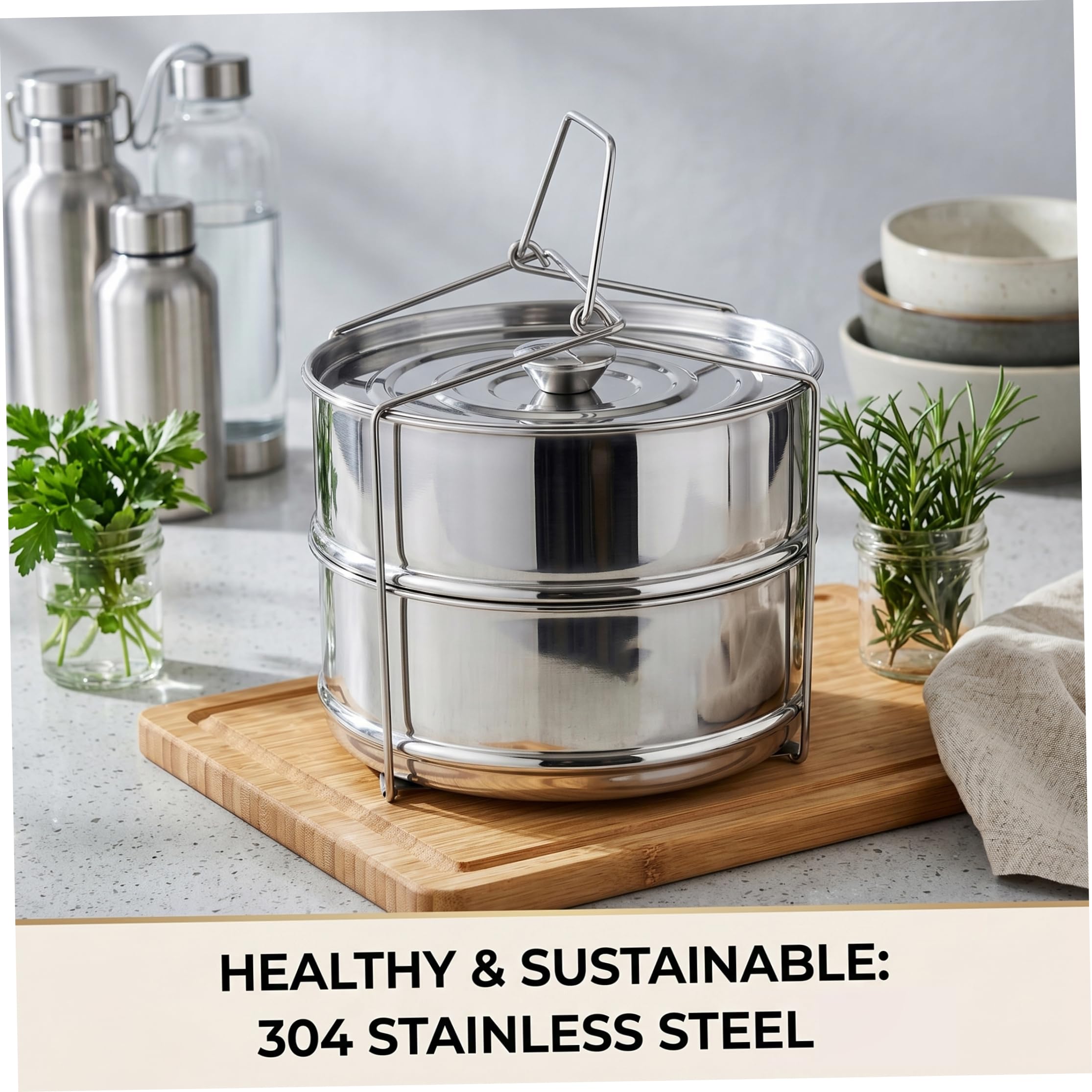 Accesorios para Olla a presión, Cesta de Vapor de Acero Inoxidable de 2 Niveles con Tapa y asa Insertos de Acero para Olla en Bandejas apilables para Verduras, arroz, Carne o Pescado.