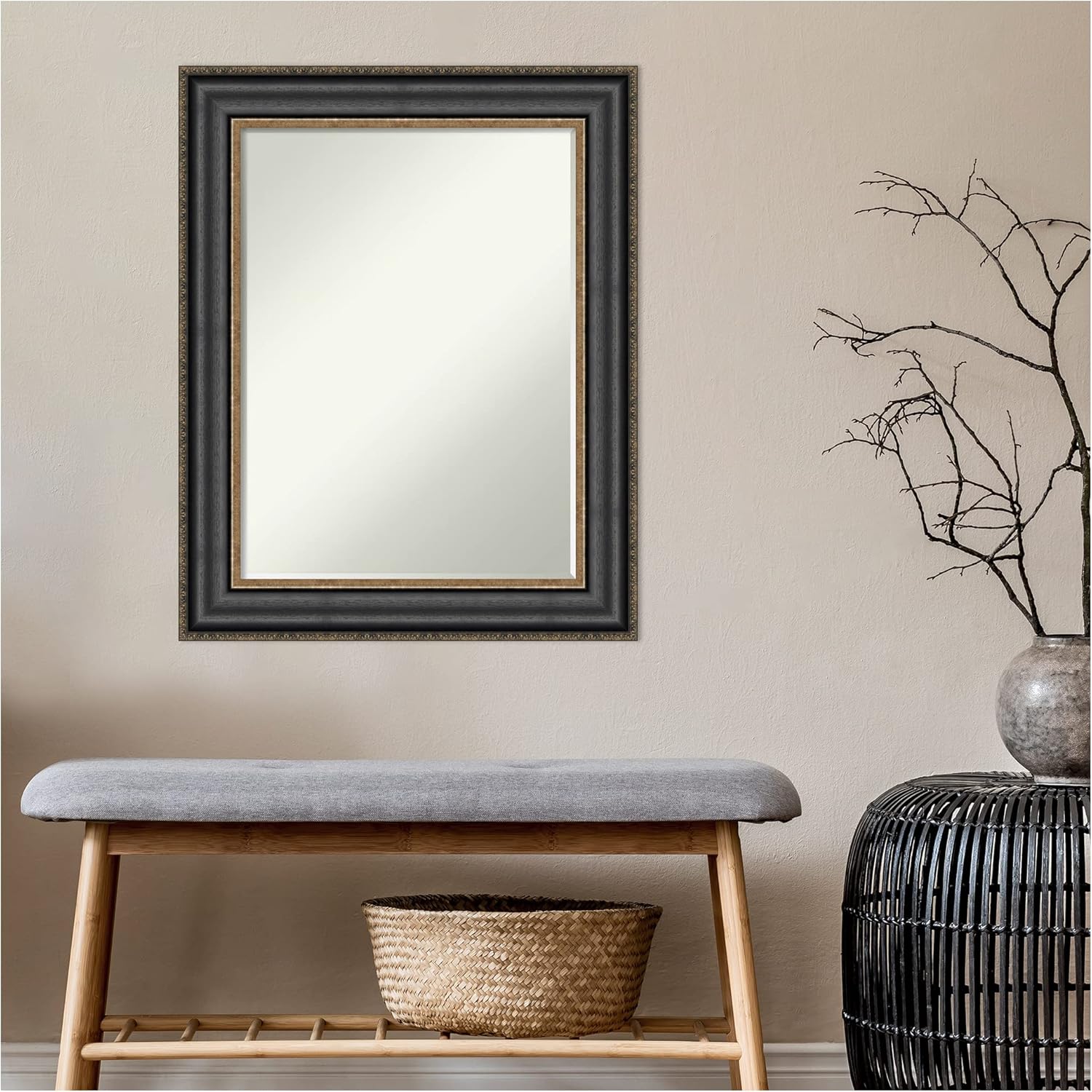 Amanti Art Black Bathroom Mirror for Over Sink, 30x24 Thomas Black Bronze Rectangle Vanity Mirror, Medium Traditional Frame, Hangs Horizonally and Vertically, Bathroom Wall Decor, Petite Bevel Edge