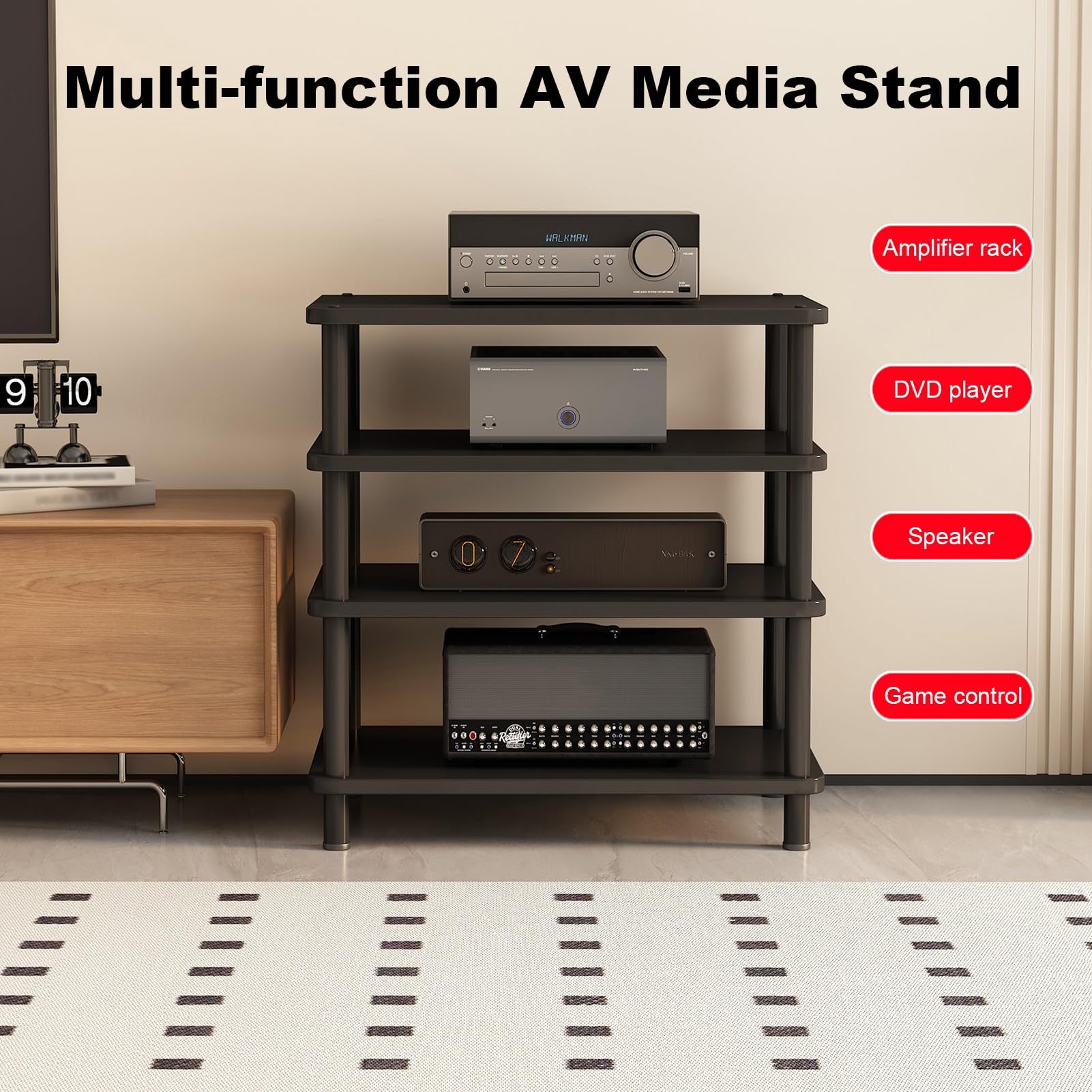 Supporto multimediale AV a 2/3/4 livelli con lettore CD, impianto stereo, autoportante/mobile, con ripiani in legno regolabili in altezza per casa/ufficio/home cinema (legno di noce chiaro, 3 livelli)