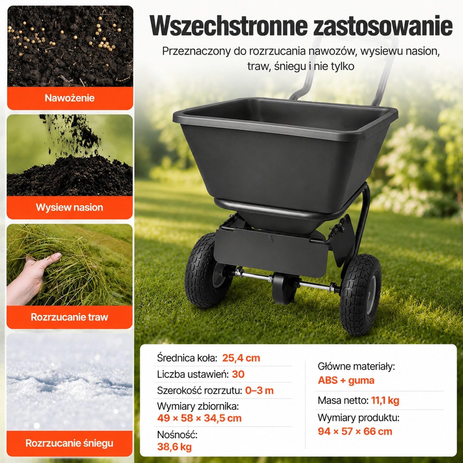 Przyczepiany rozsiewacz obrotowy, pojemność 38,6 kg, regulowana szerokość rozrzutu 0-3 m, przekładnie aluminiowe, do nasion, nawozu i soli drogowej