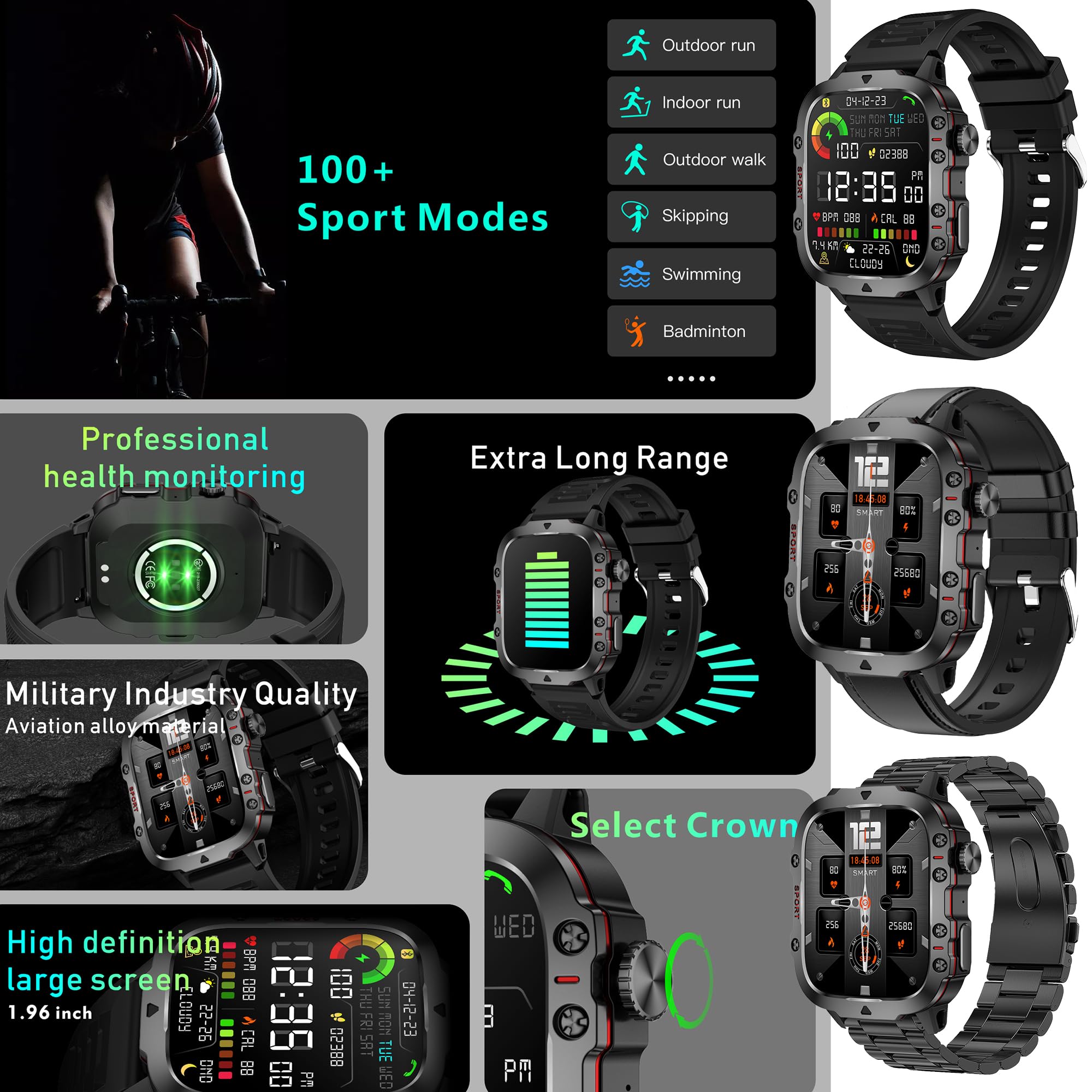 Reloj Inteligente Hombre con Llamadas, 1,96 Pulgada Smartwatc Hombre Deportivo con Podometro Pulsometro SpO2 Sueño Presion Arterial Actividad 3ATM Reloj Digital para iOS Android (Negro)