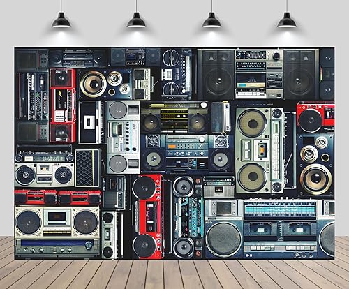 Telón de fondo vintage de los años 80 de 7 x 5 pies, pared retro llena de radio Boombox de los 80 estilo fondo para amplificador antiguo de video
