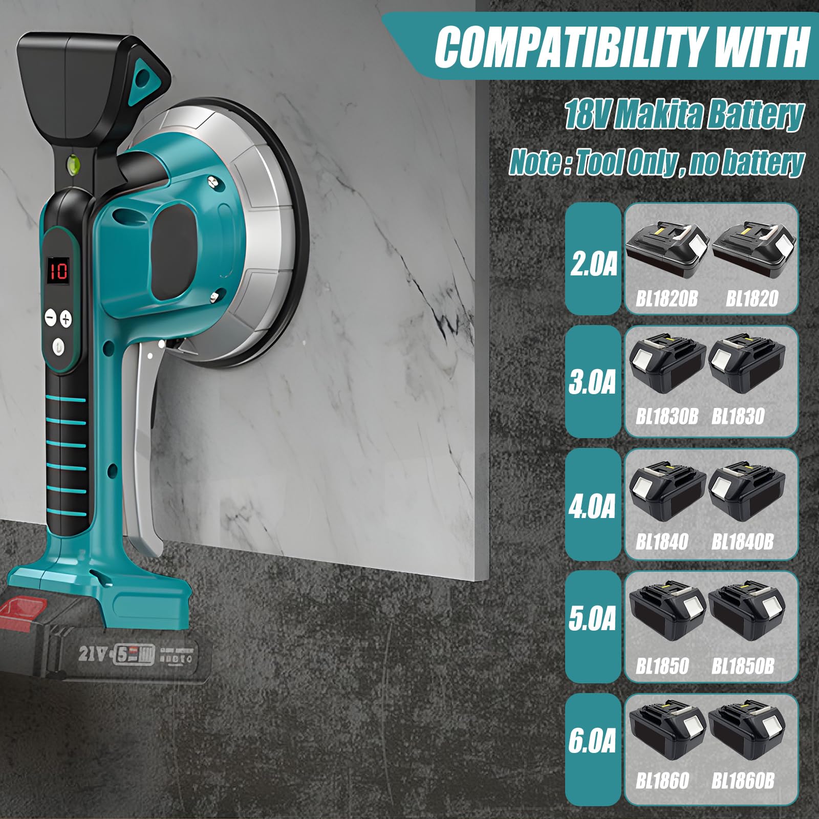Macchina vibrante per piastrelle Makita 18 V, Vibratori per Piastrelle a Batteria da Parete Posa con 10 ingranaggi regolabili, assorbimento 200 kg, display digitale(Batteria Non Inclusa)
