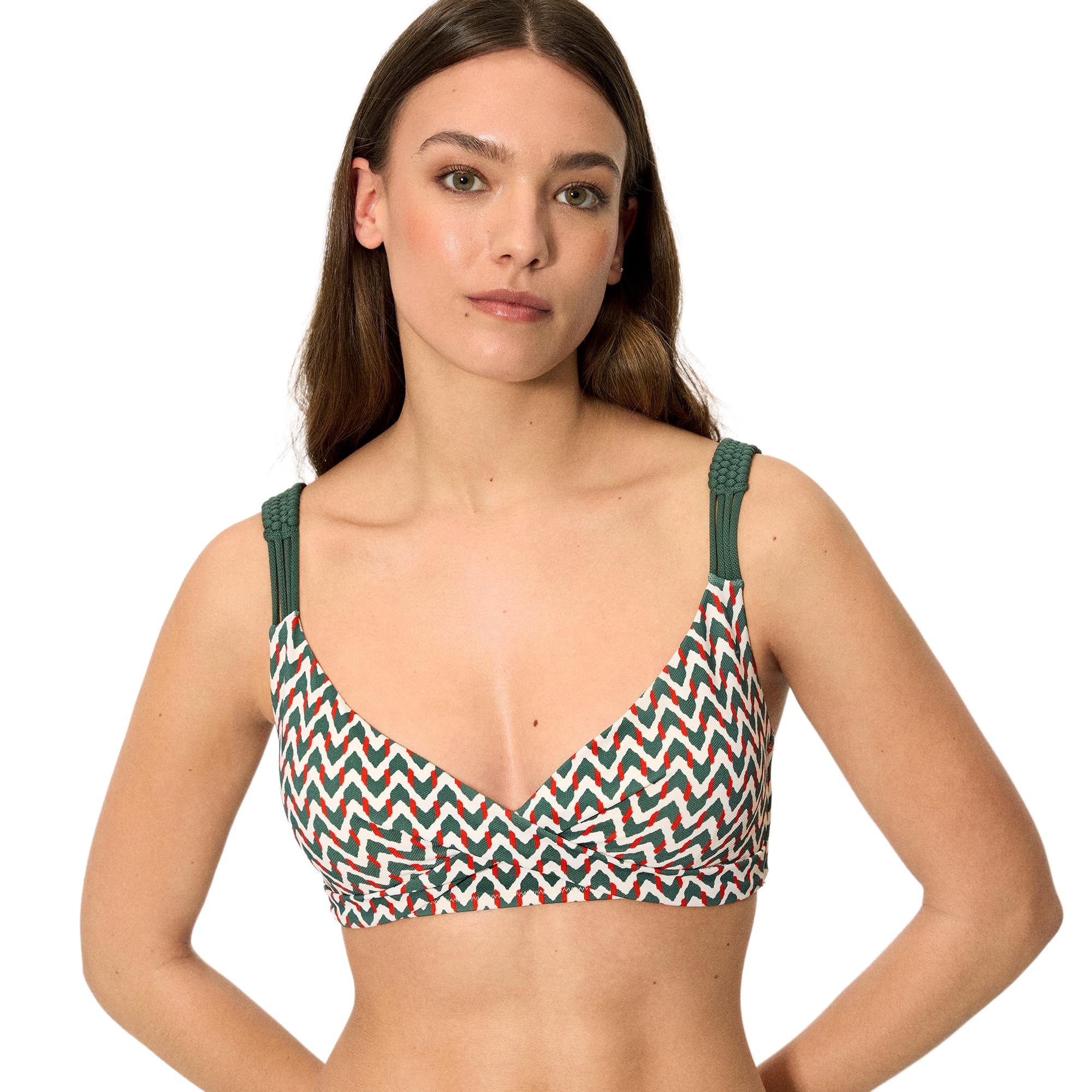 YSABEL MORA. Top Bikini Triángulo Micropiqué Estampado Coral Copa B. Sin Aro con Relleno Extraíble. Tirantes Regulables. Colección Sunset.