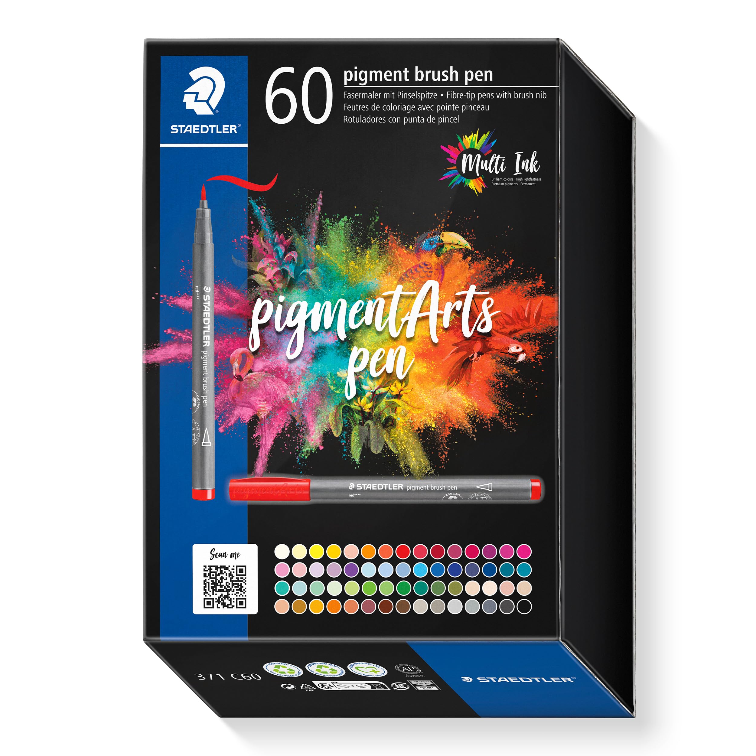STAEDTLER 371 C60 Pigment Arts Brush Pen - Assorted Colours (Pack of 60), Basic, 60 count (Pack of 1)